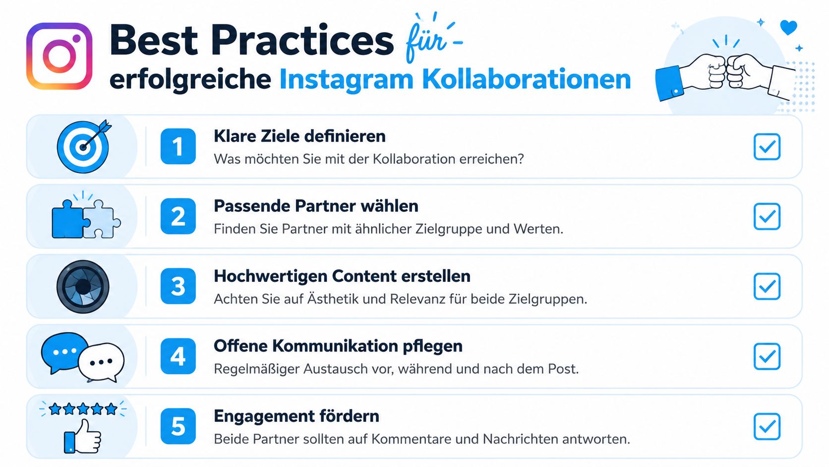 Eine grafische Übersicht von fünf Best-Practices für erfolgreiche und effektive Instagram Kollaborationen in deutscher Sprache.