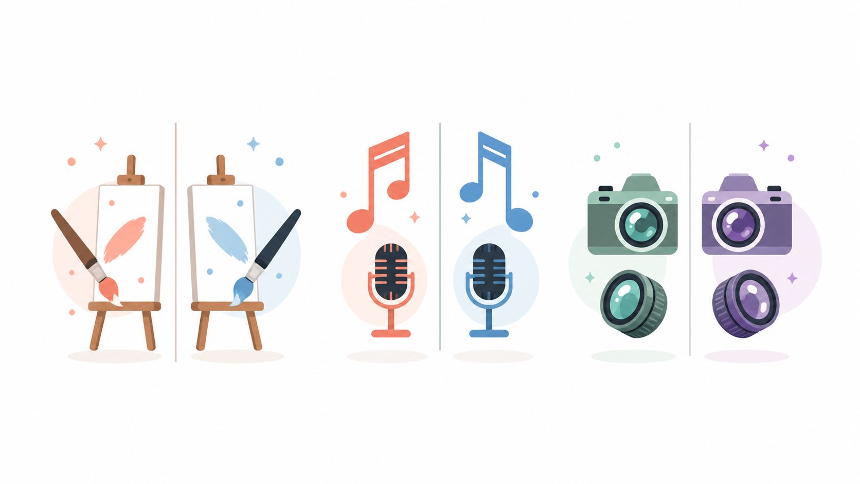 Verschiedene farbenfrohe Icons für Kunst, Musik und Fotografie dargestellt auf einem sauberen, hellen Hintergrund.