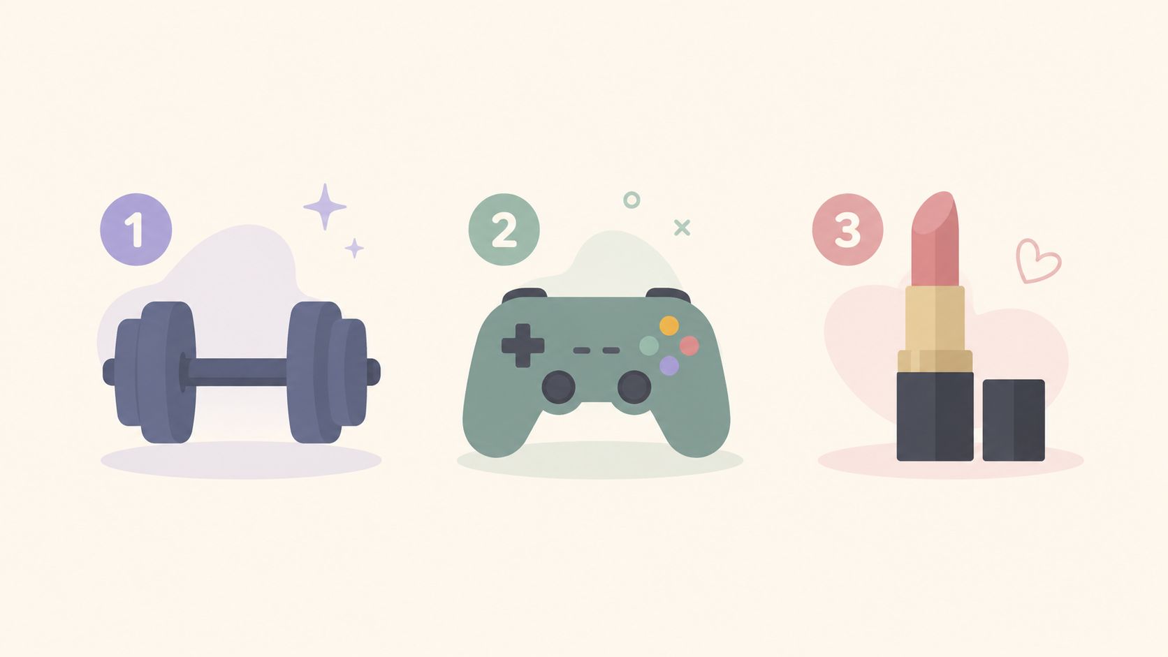 Drei Symbole illustrieren eine Hantel, einen Videospiel-Controller und einen Lippenstift auf einem hellen Hintergrund.