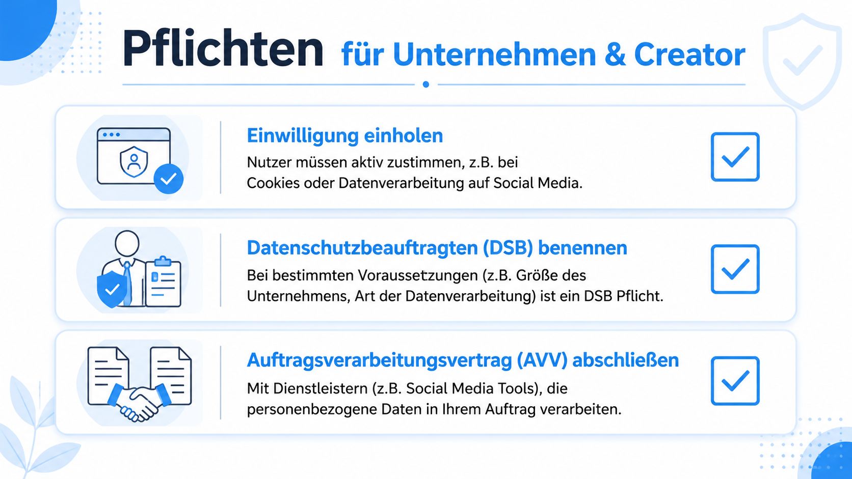 Infografik mit drei wichtigen Pflichten für Unternehmen und Creator im Bereich des Datenschutzes und der DSGVO.