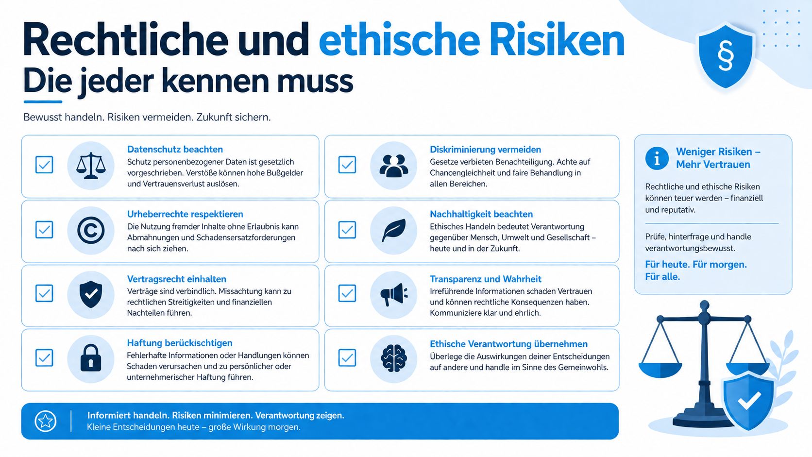 Eine Infografik über rechtliche und ethische Risiken am Arbeitsplatz mit Tipps zu Datenschutz, Diskriminierung und Verantwortung.