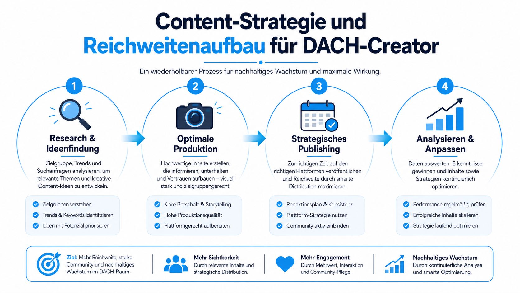 Eine Infografik zur Content-Strategie und zum Reichweitenaufbau für Creator in vier Schritten, inklusive Zieldefinition für nachhaltiges Wachstum.