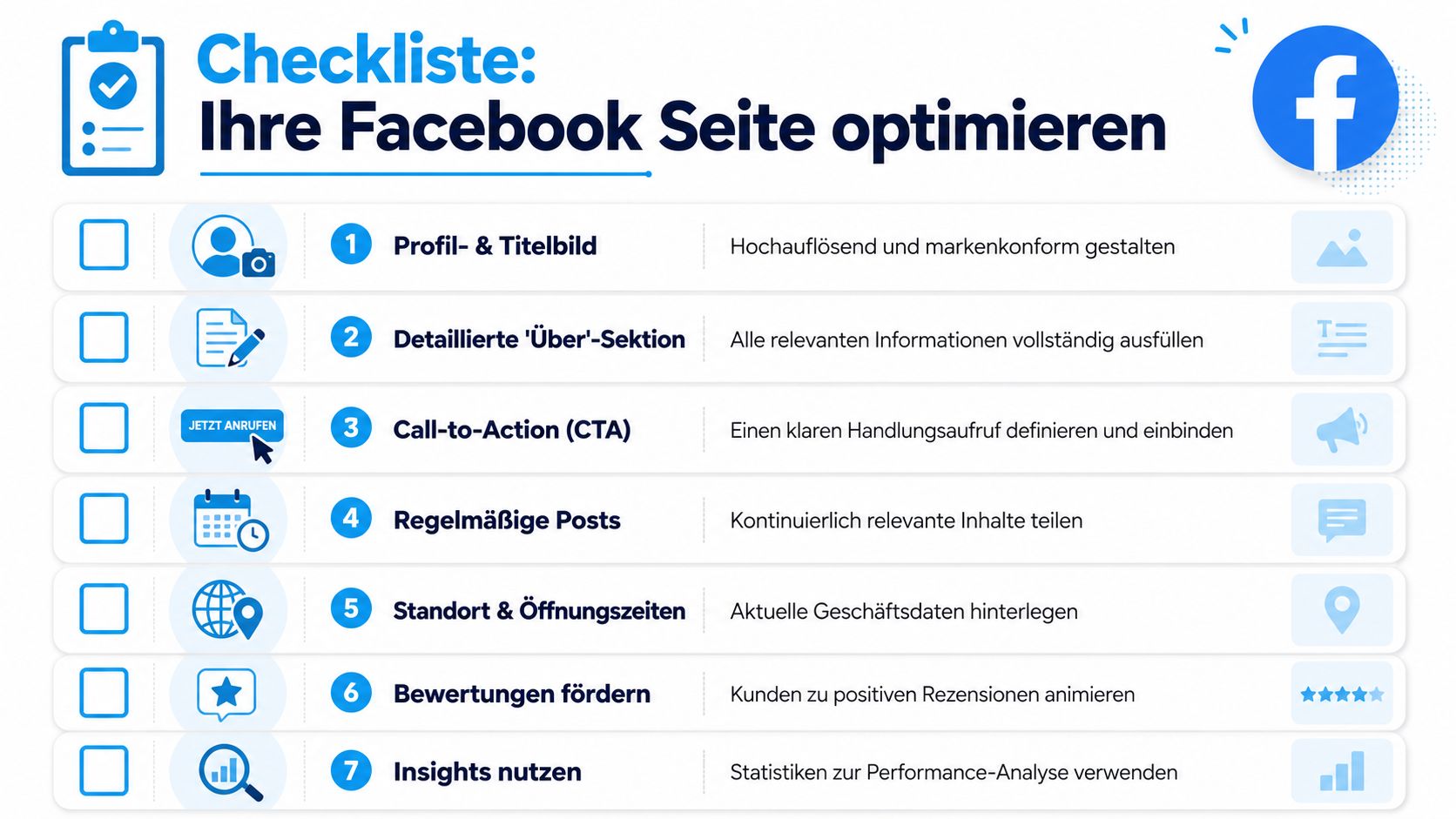 Eine Checkliste zur Optimierung einer Facebook-Unternehmensseite mit sieben Tipps für ein professionelles Auftreten im sozialen Netzwerk.