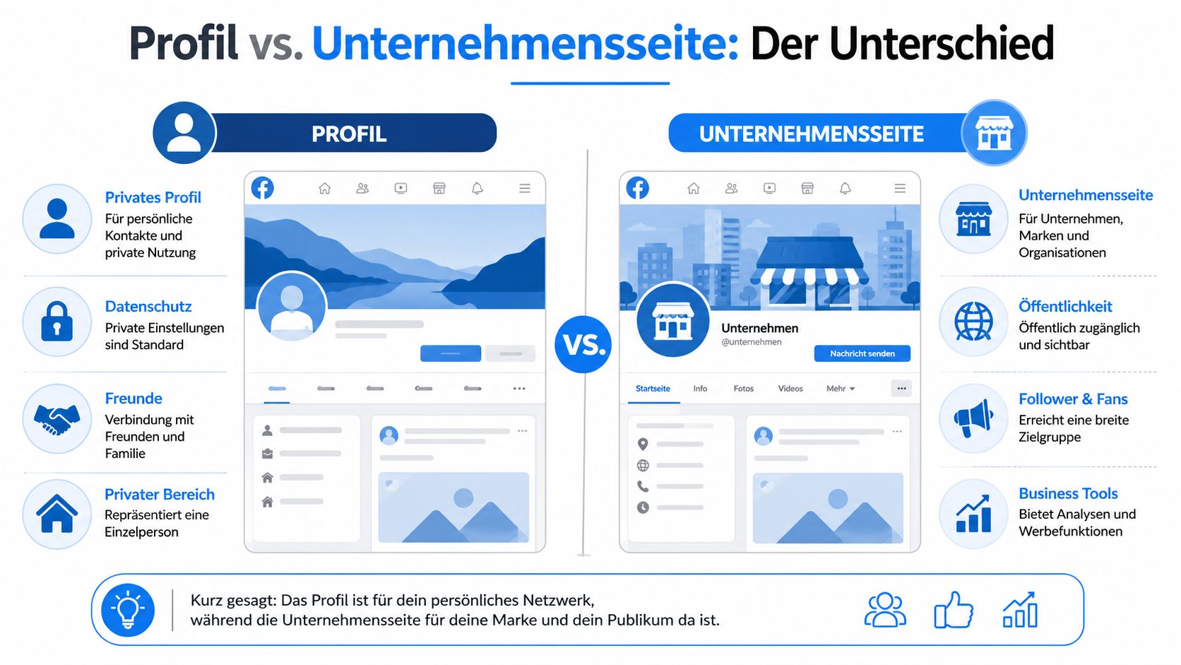 Vergleichsgrafik zwischen einem persönlichen Facebook-Profil und einer Facebook-Unternehmensseite für Marken und Organisationen.