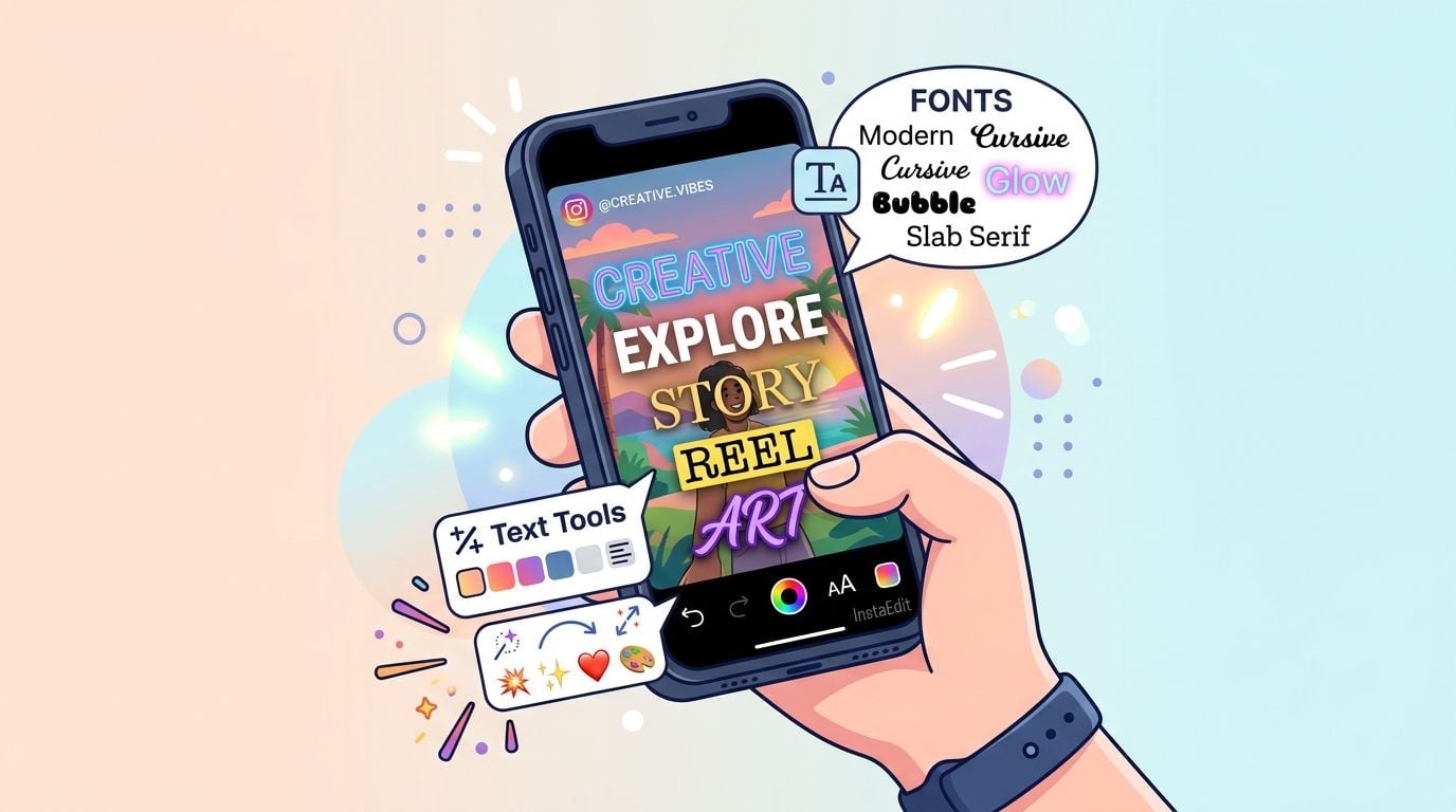 Eine Hand hält ein Smartphone, das eine kreative App zur Textbearbeitung für Instagram-Beiträge und Storys anzeigt.