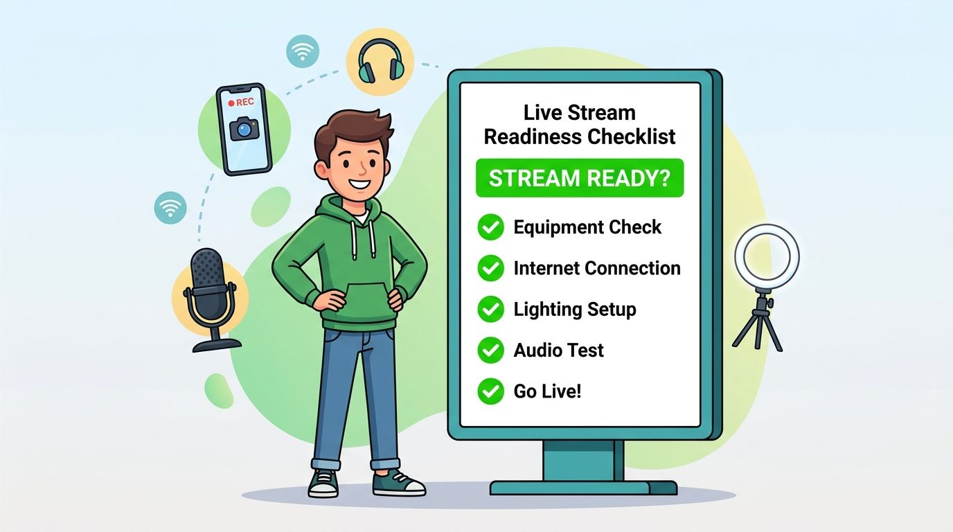 Ein junger Content Creator neben einer Checkliste mit allen wichtigen Schritten für einen erfolgreichen Livestream.