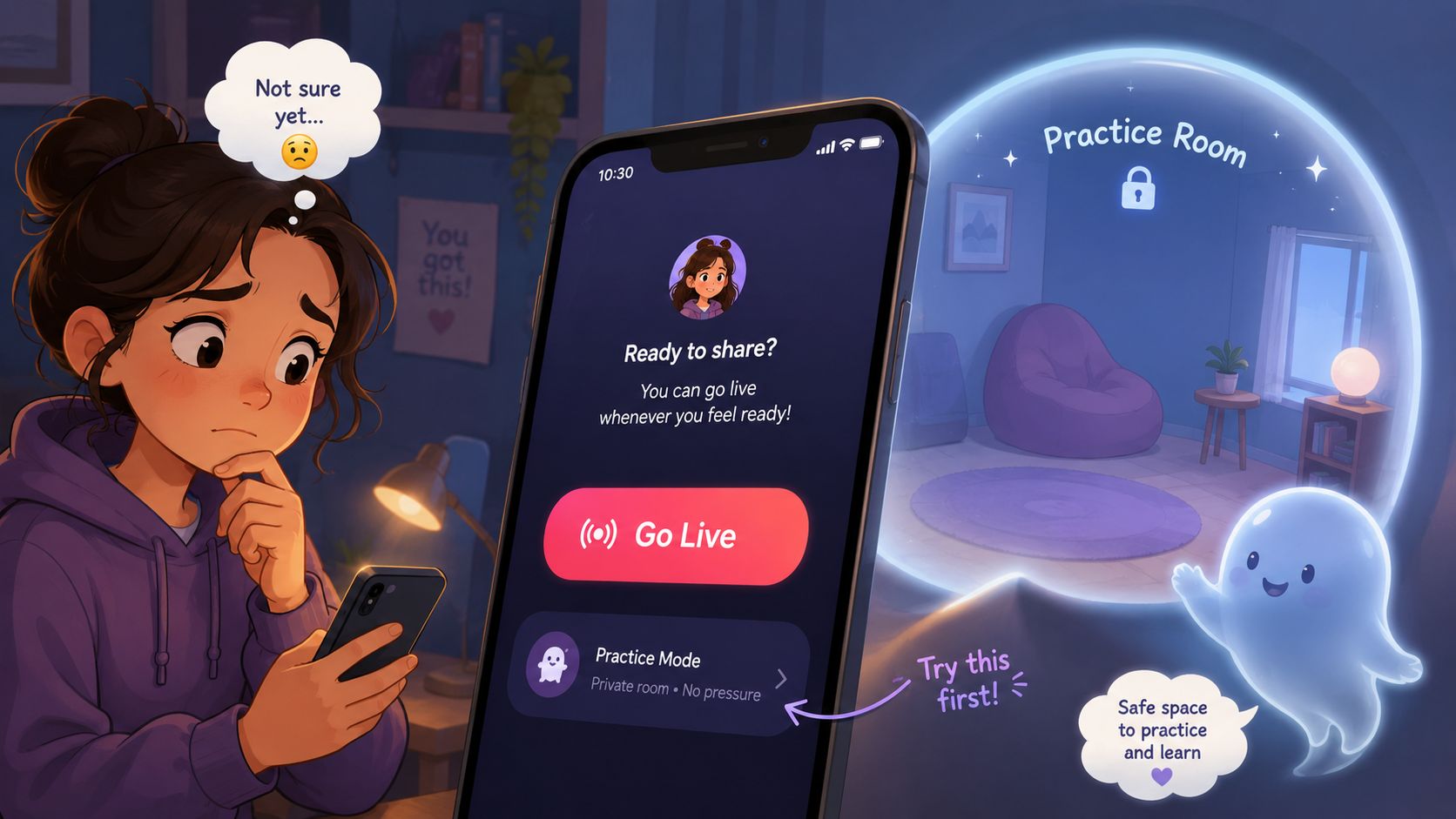 Eine junge Frau betrachtet ihr Smartphone mit einer Live-Streaming-App und zögert, während ein kleiner Geist den Übungsmodus empfiehlt.