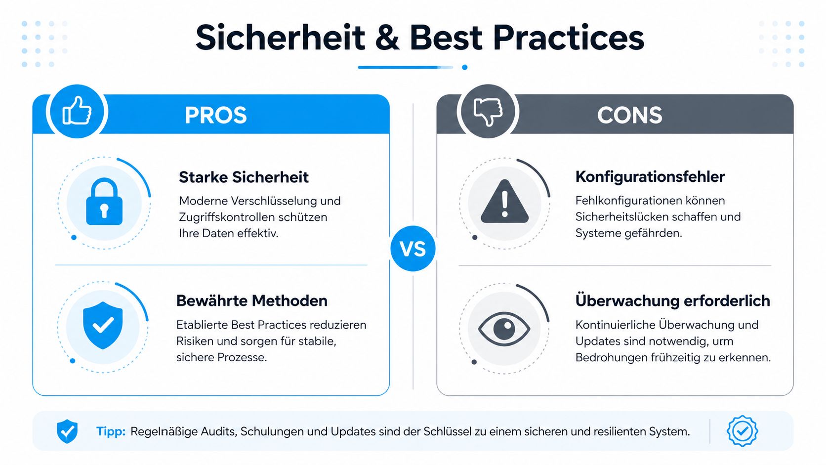 Eine Infografik über Sicherheit und Best Practices mit einer Gegenüberstellung von Vorteilen und Nachteilen bei IT-Systemen.