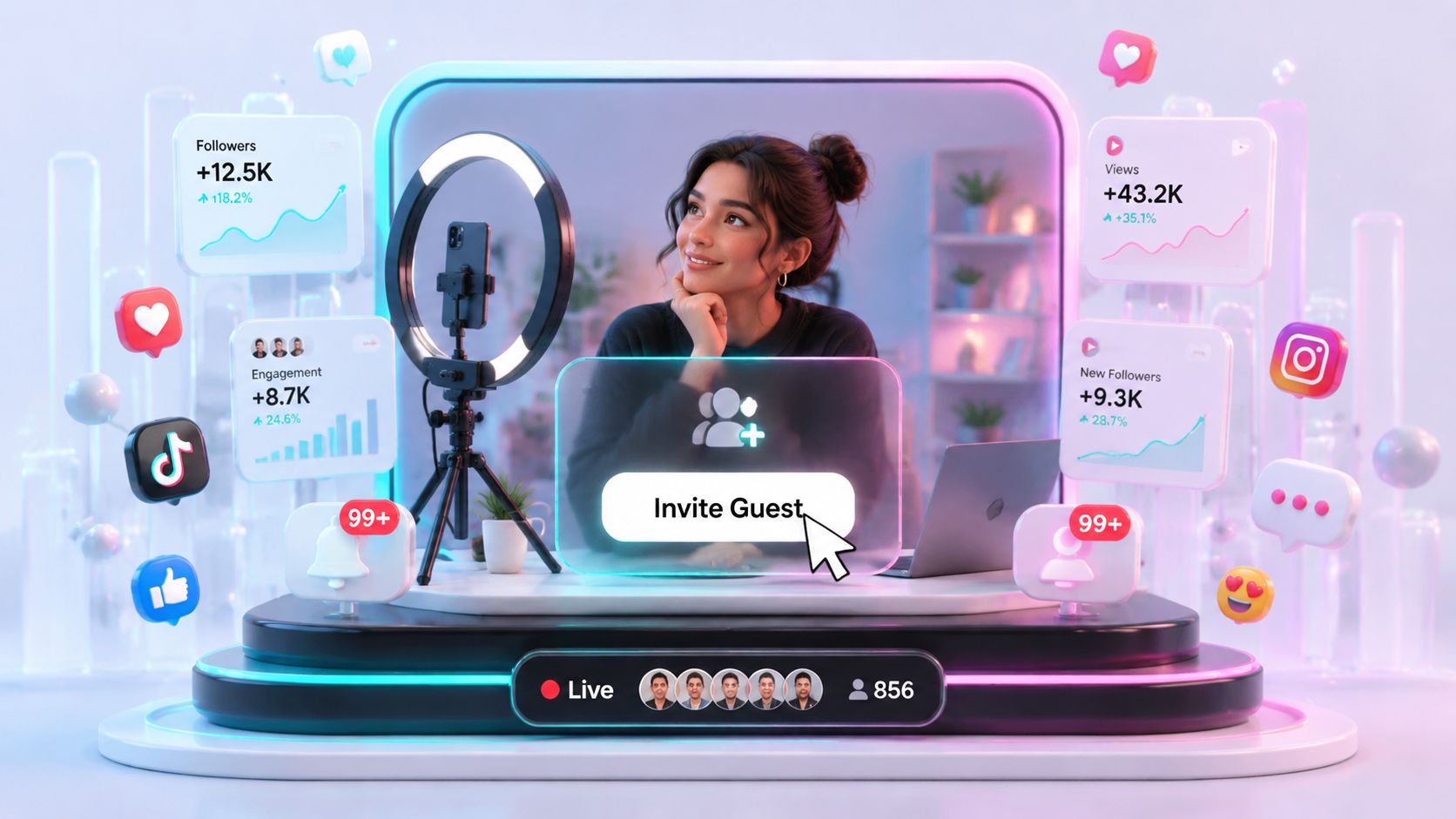 Eine Content-Creatorin bereitet sich auf ein Live-Video vor, um mit Gästen auf einer Social-Media-Plattform zu interagieren.