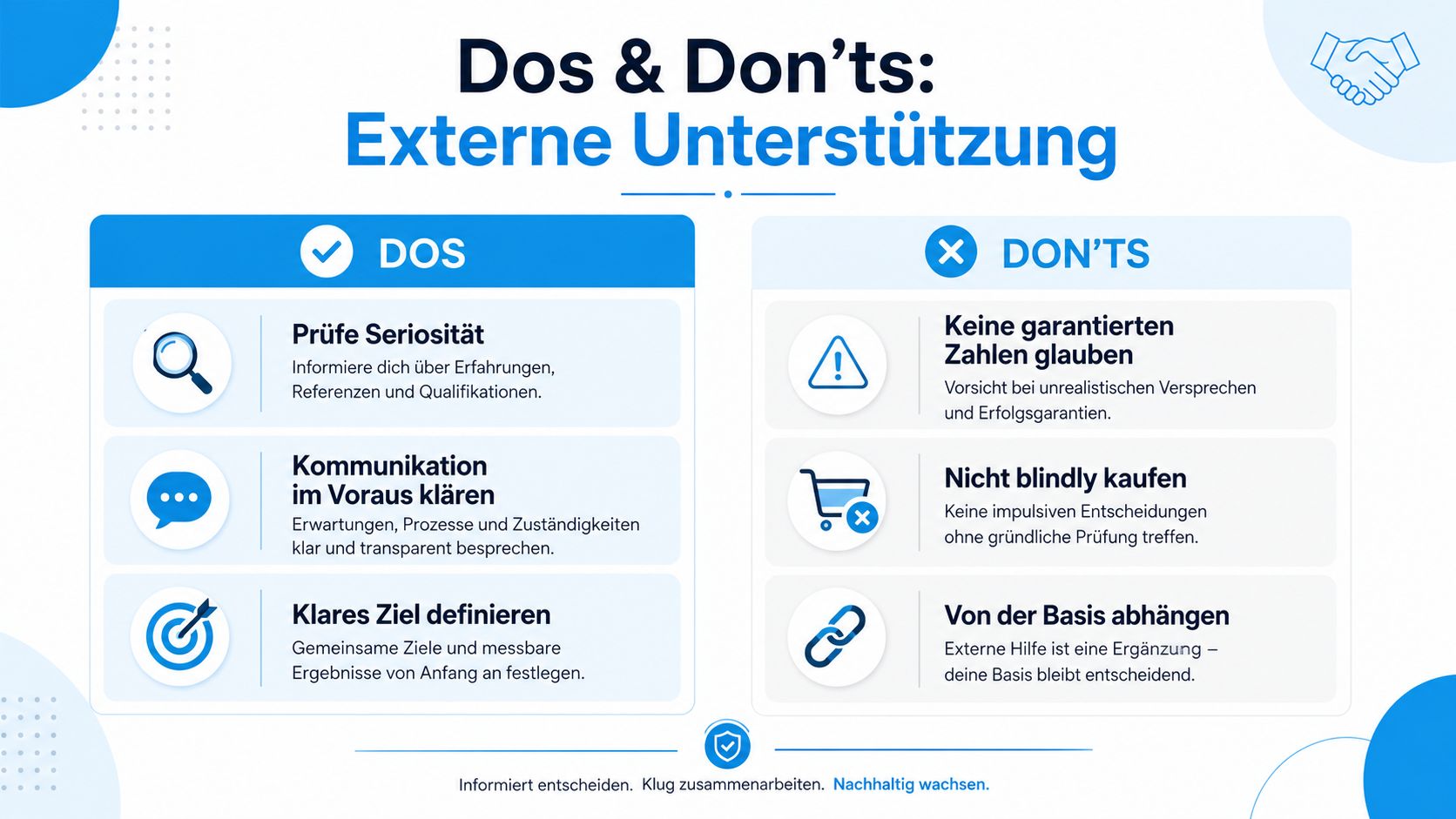Eine Infografik mit Dos und Don'ts zur Zusammenarbeit mit externer Unterstützung in einem Geschäftskontext.