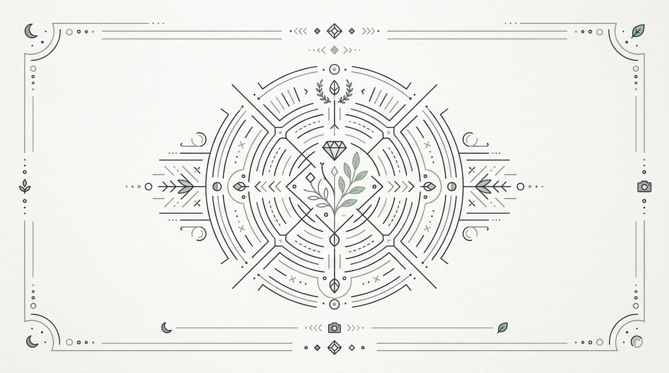 Ein kunstvolles, minimalistisches Design mit geometrischen Linien, botanischen Elementen und Symbolen auf einem hellen, cremefarbenen Hintergrund.