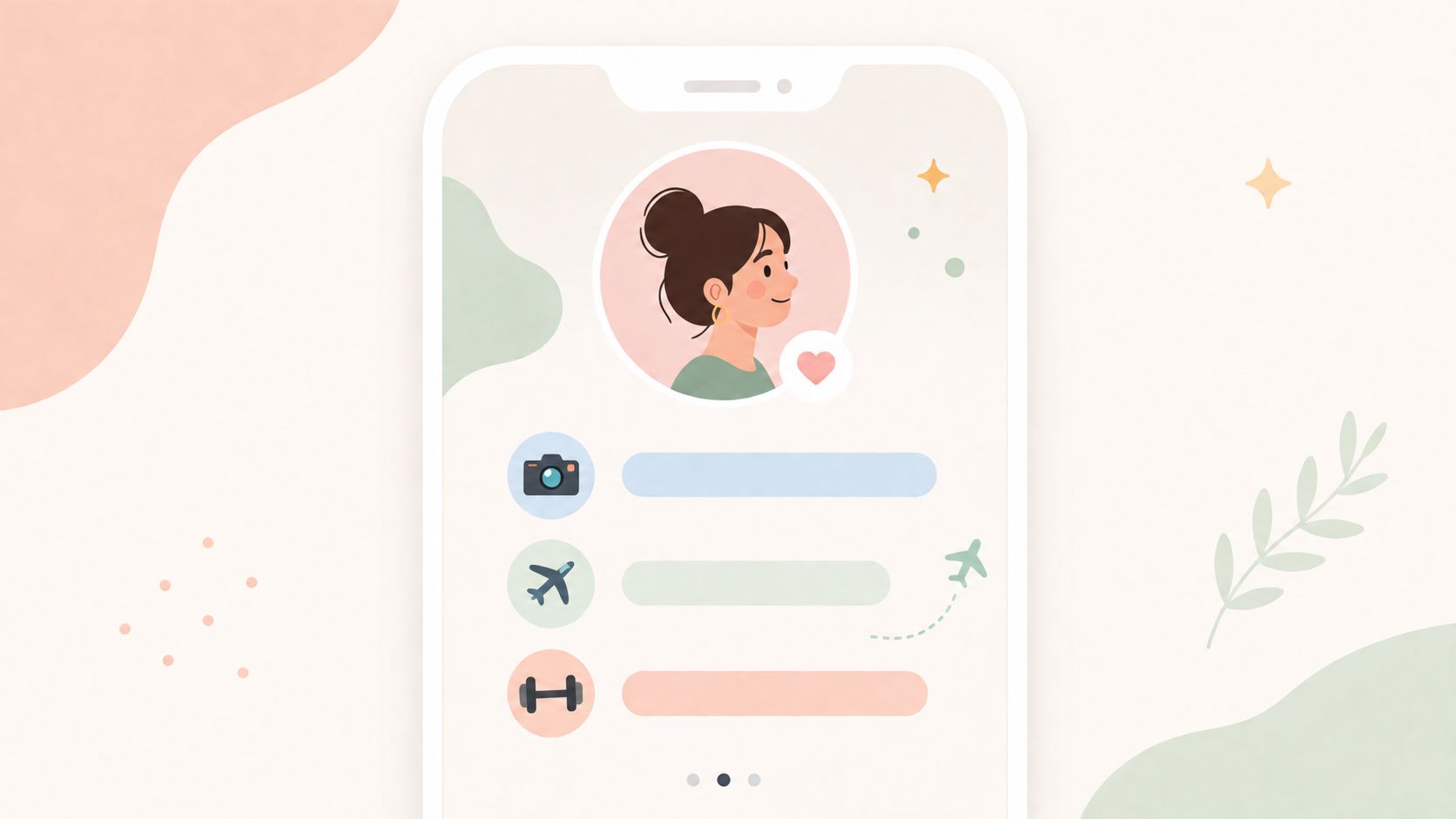 Stilisierte Illustration eines Smartphone-Bildschirms mit einem Profilbild einer Frau und verschiedenen Symbolen für Interessen und Hobbys.