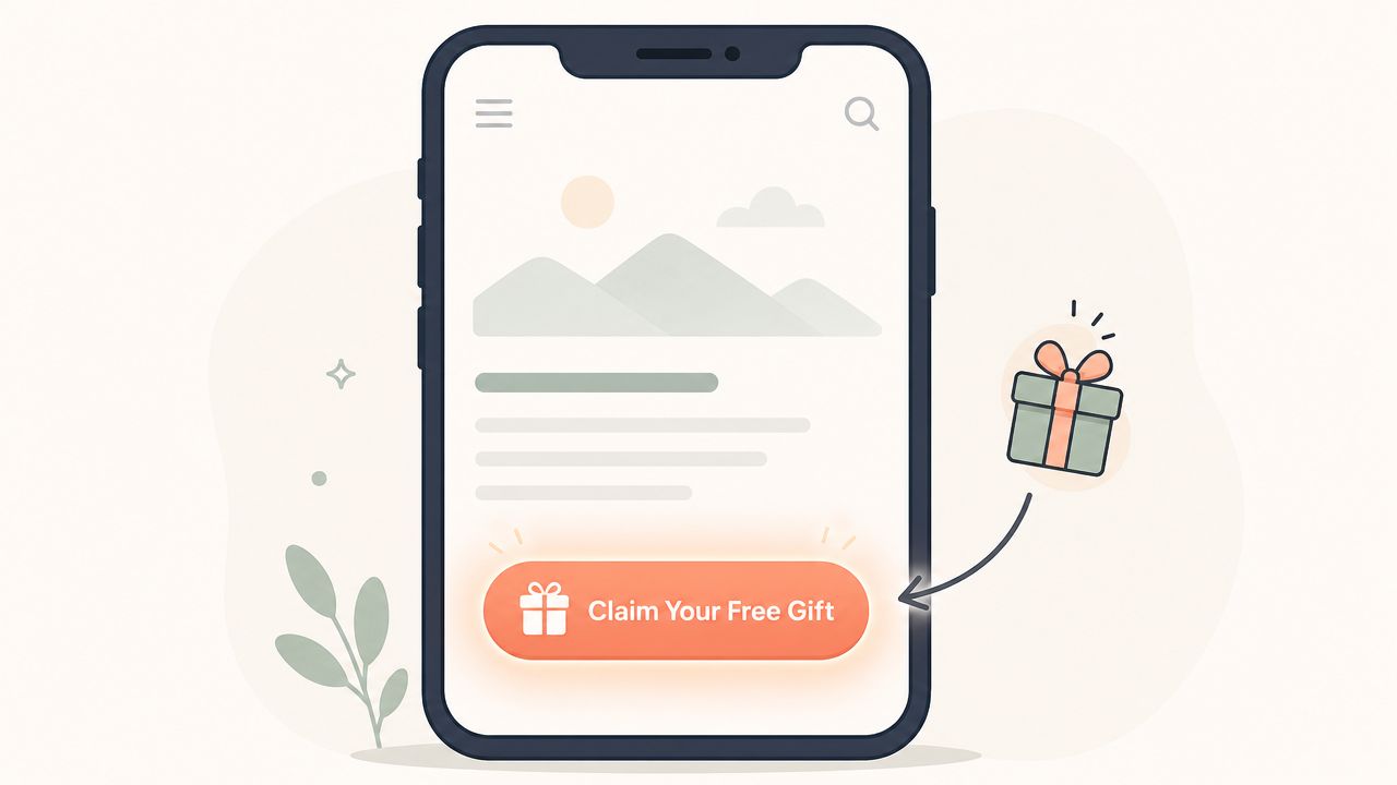 Ein Smartphone zeigt eine App-Oberfläche mit einer hervorgehobenen Schaltfläche zum Einfordern eines kostenlosen Geschenks für die Nutzer.