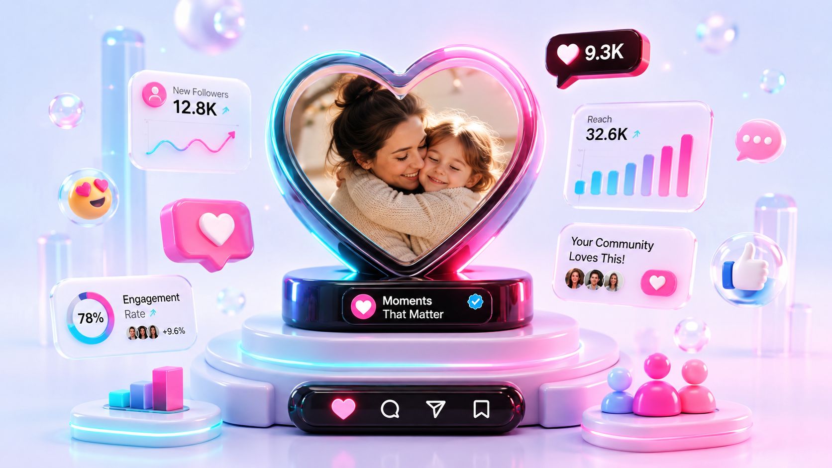 Ein Herzdisplay mit einem Foto von Mutter und Tochter umgeben von animierten Social-Media-Analyse-Elementen und Symbolen.