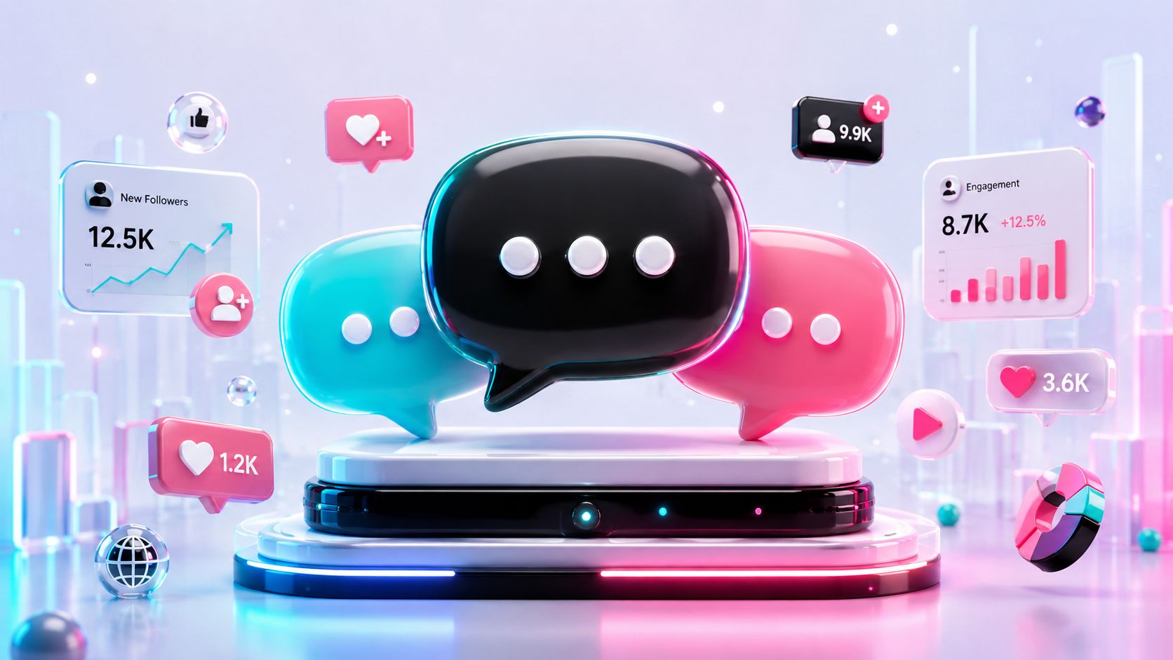 3D-Illustration von Sprechblasen und sozialen Medien-Metriken, die Wachstum und Interaktion auf digitalen Plattformen symbolisieren.