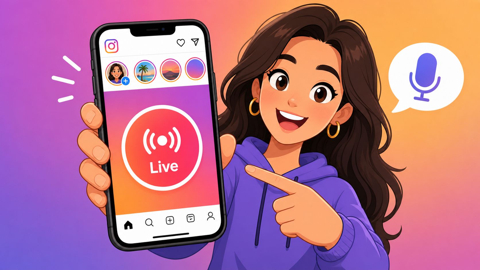 Eine animierte junge Frau zeigt auf ein Smartphone mit dem Instagram Live-Symbol auf dem leuchtenden Bildschirm.