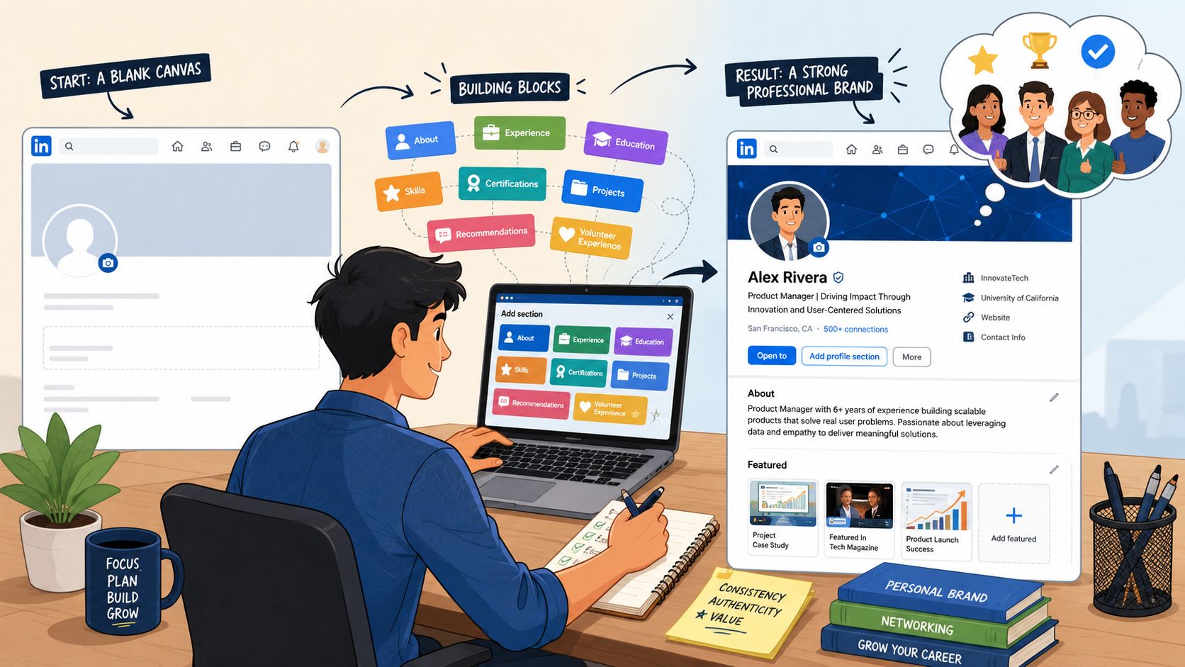 Eine Illustration, die zeigt, wie eine Person ein starkes LinkedIn-Profil durch gezielte Profilbausteine für die Karriere aufbaut.