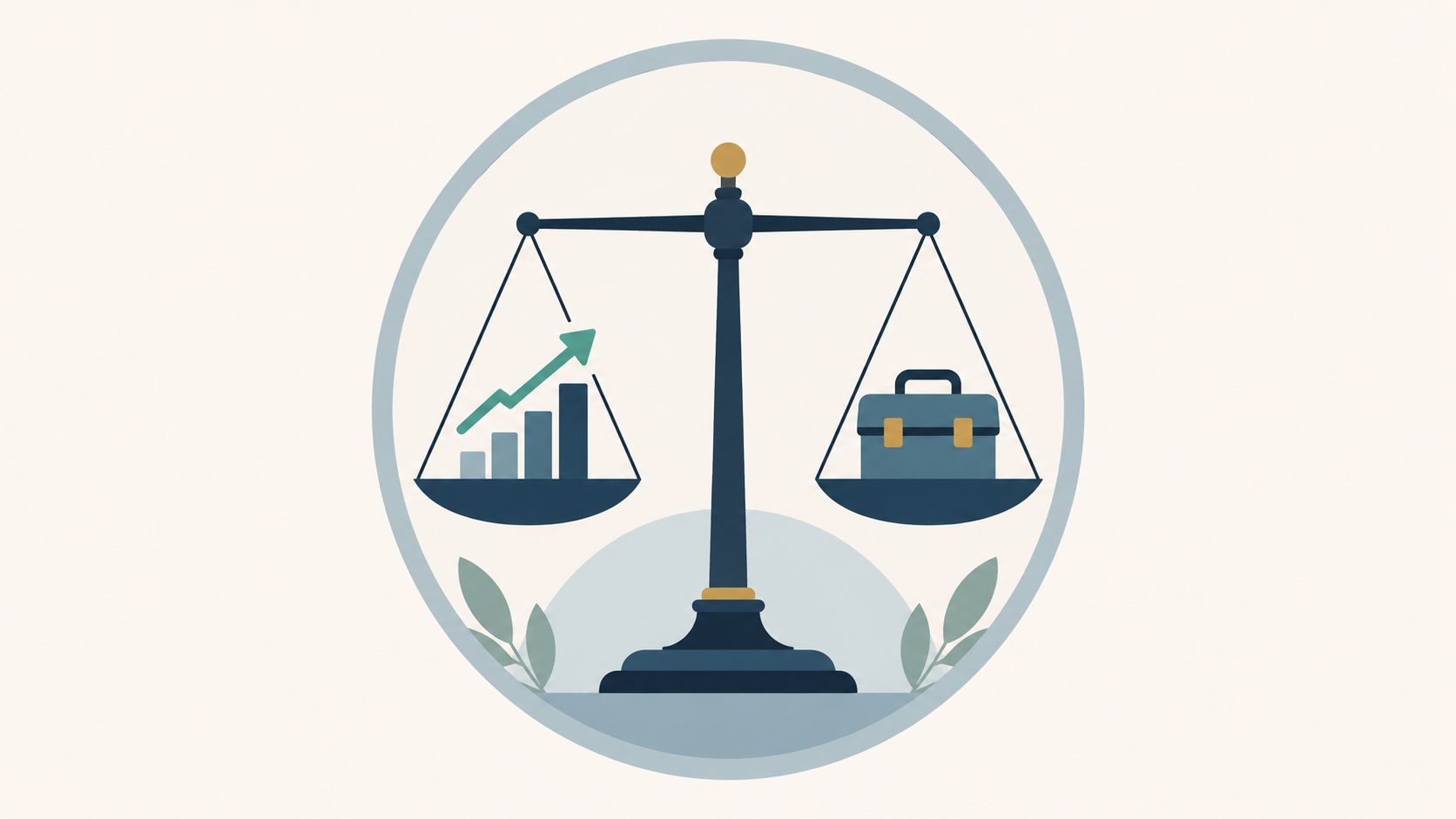 Eine Waage symbolisiert das Gleichgewicht zwischen wirtschaftlichem Wachstum durch Statistiken und professioneller Arbeit durch einen Aktenkoffer.