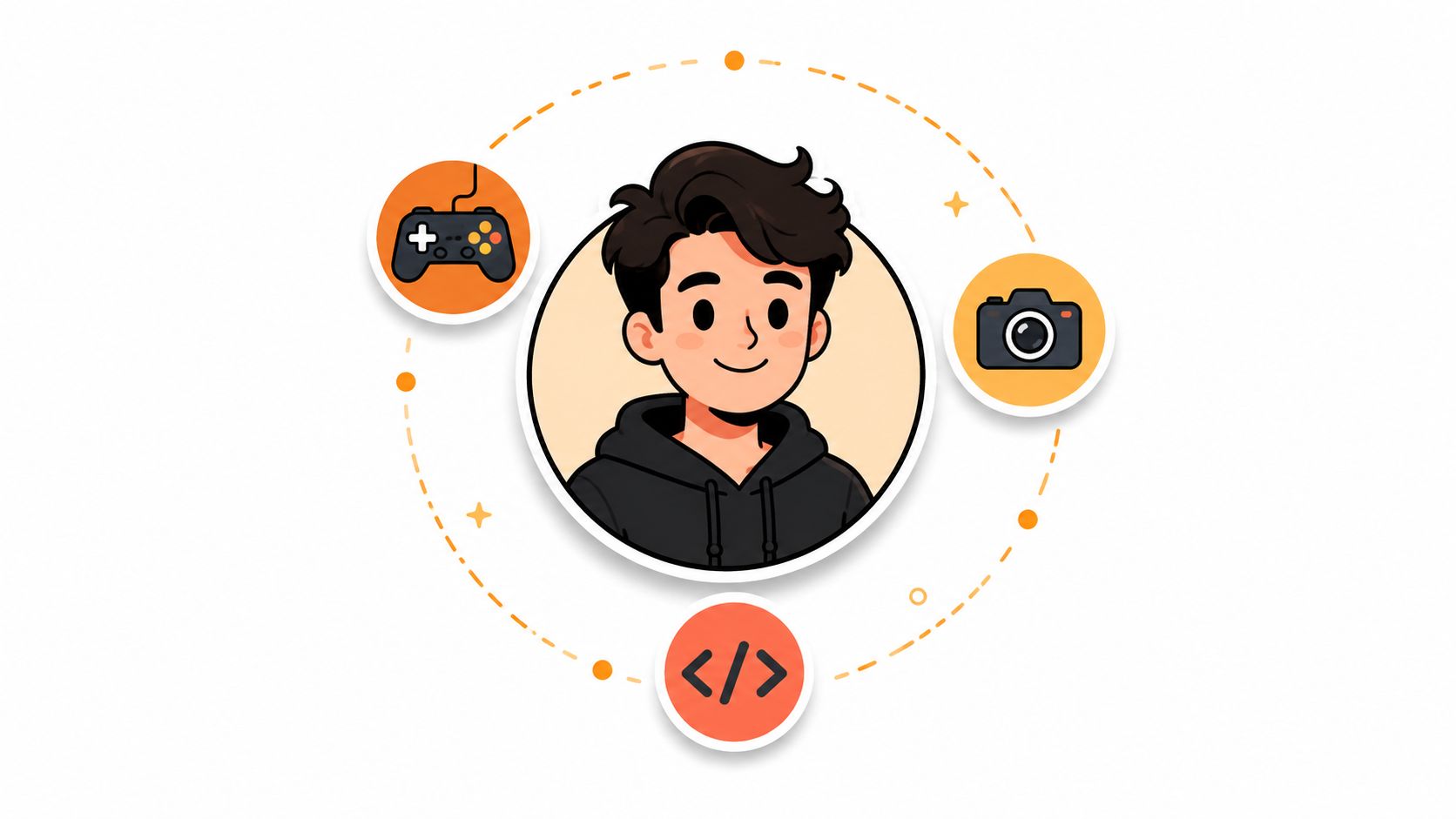 Eine cartoonartige Illustration eines jungen Mannes mit Symbolen für Gaming, Fotografie und Programmieren um ihn herum.