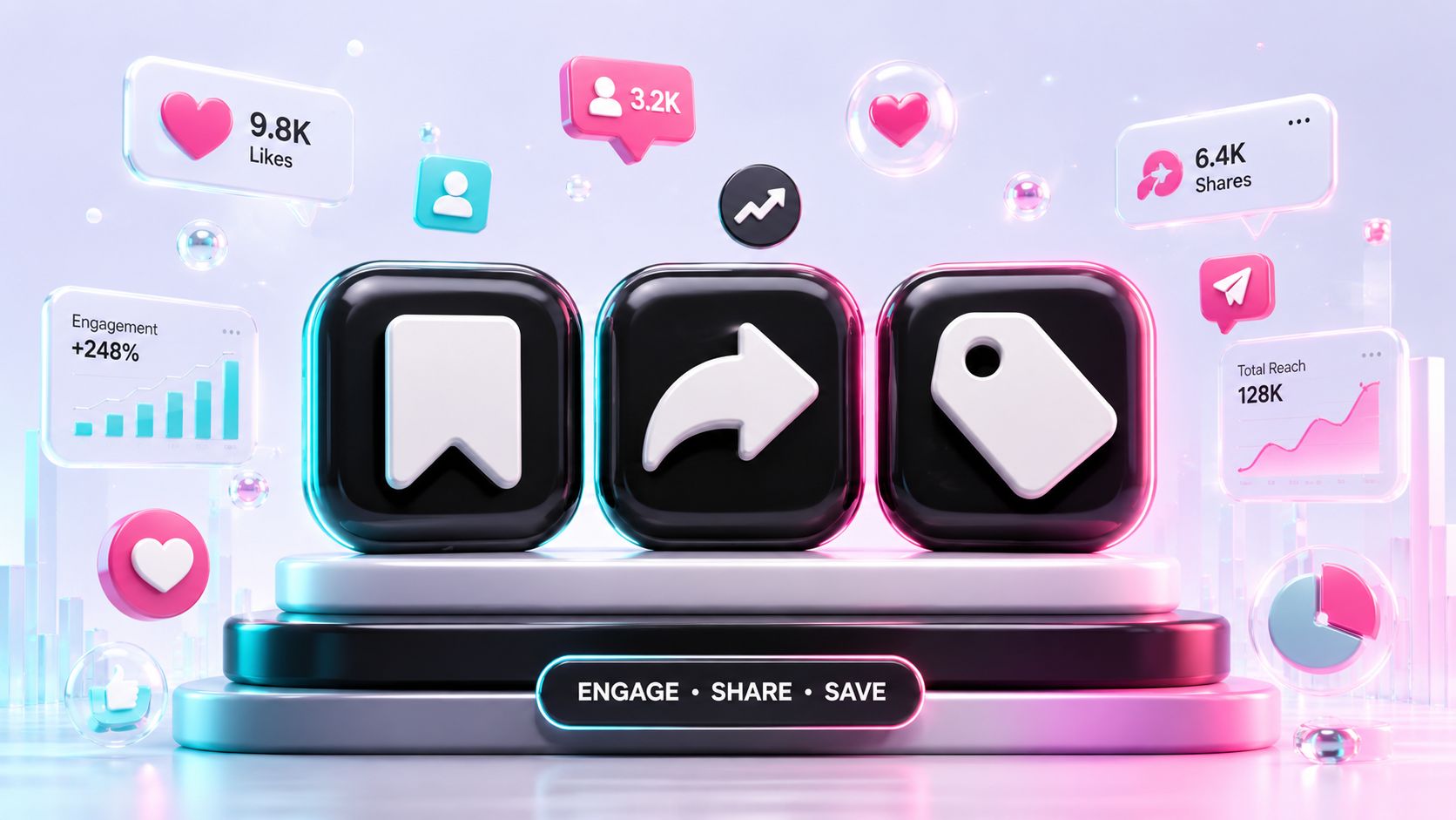 3D-Symbole für Speichern, Teilen und Markieren auf Podesten mit statistischen Diagrammen für Social Media Interaktionen.