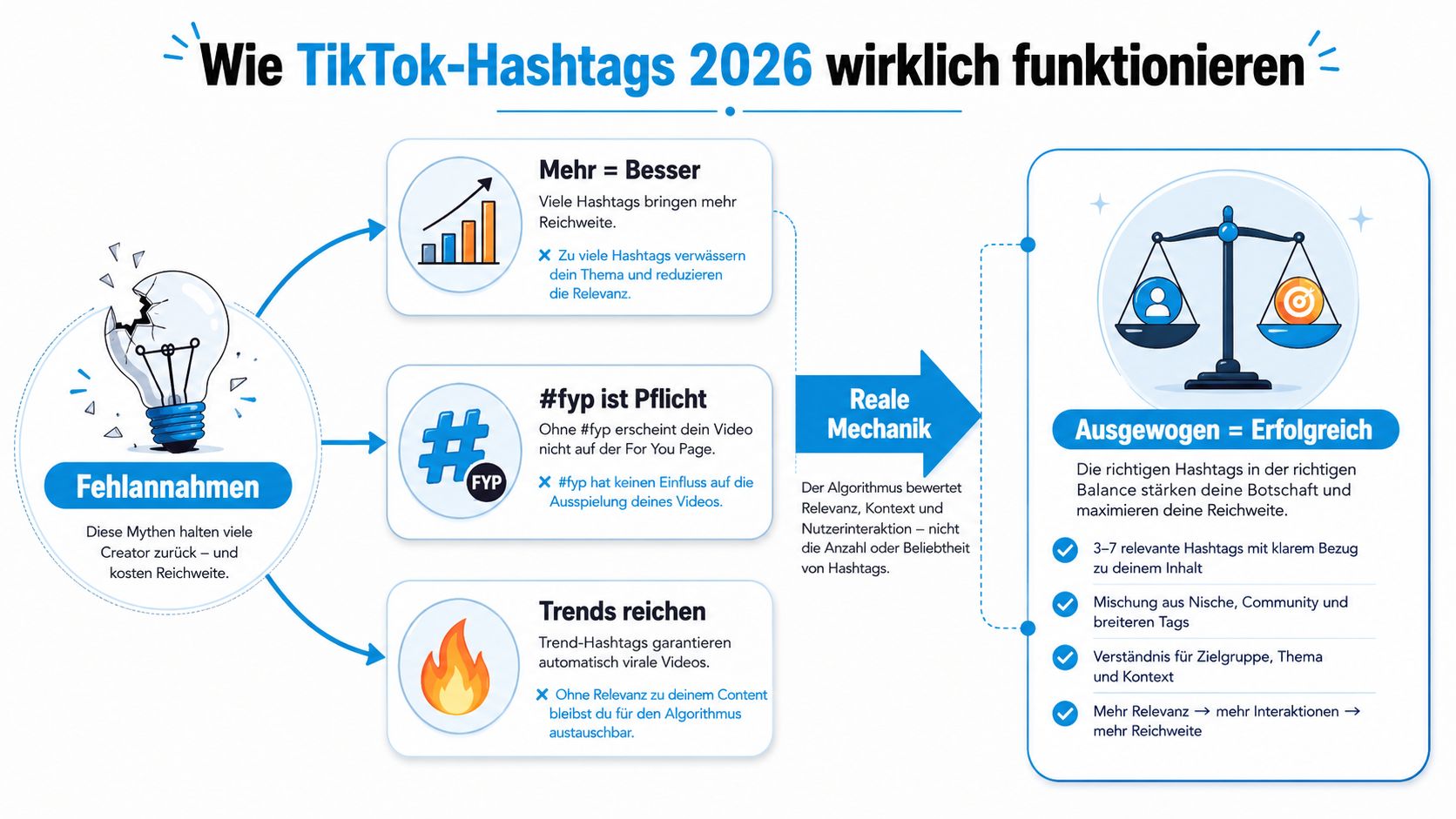 Eine Infografik erklärt die Funktionsweise und Mythen von TikTok-Hashtags im Jahr 2026 für mehr Reichweite.
