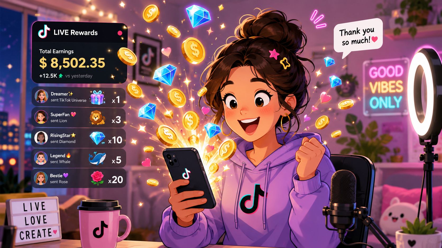 Eine fröhliche Content Creatorin feiert ihre TikTok Live Einnahmen in einem gemütlich eingerichteten Zimmer mit Ringlicht.
