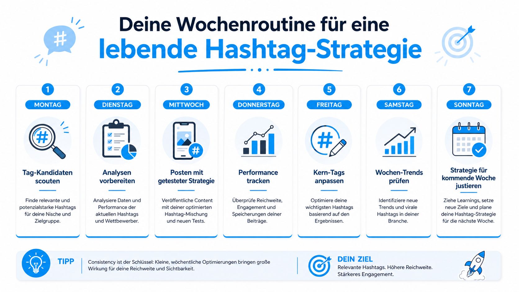 Eine Infografik zur wöchentlichen Hashtag-Strategie für Social Media mit Tipps für mehr Reichweite und Sichtbarkeit.