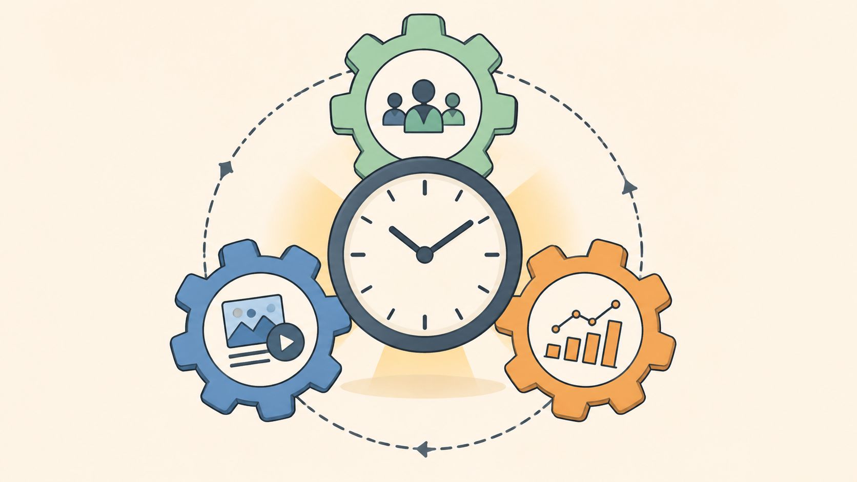 Eine Uhr umgeben von drei Zahnrädern mit Symbolen für Teamarbeit, Medieninhalte und Datenanalysen zur Zeitoptimierung.