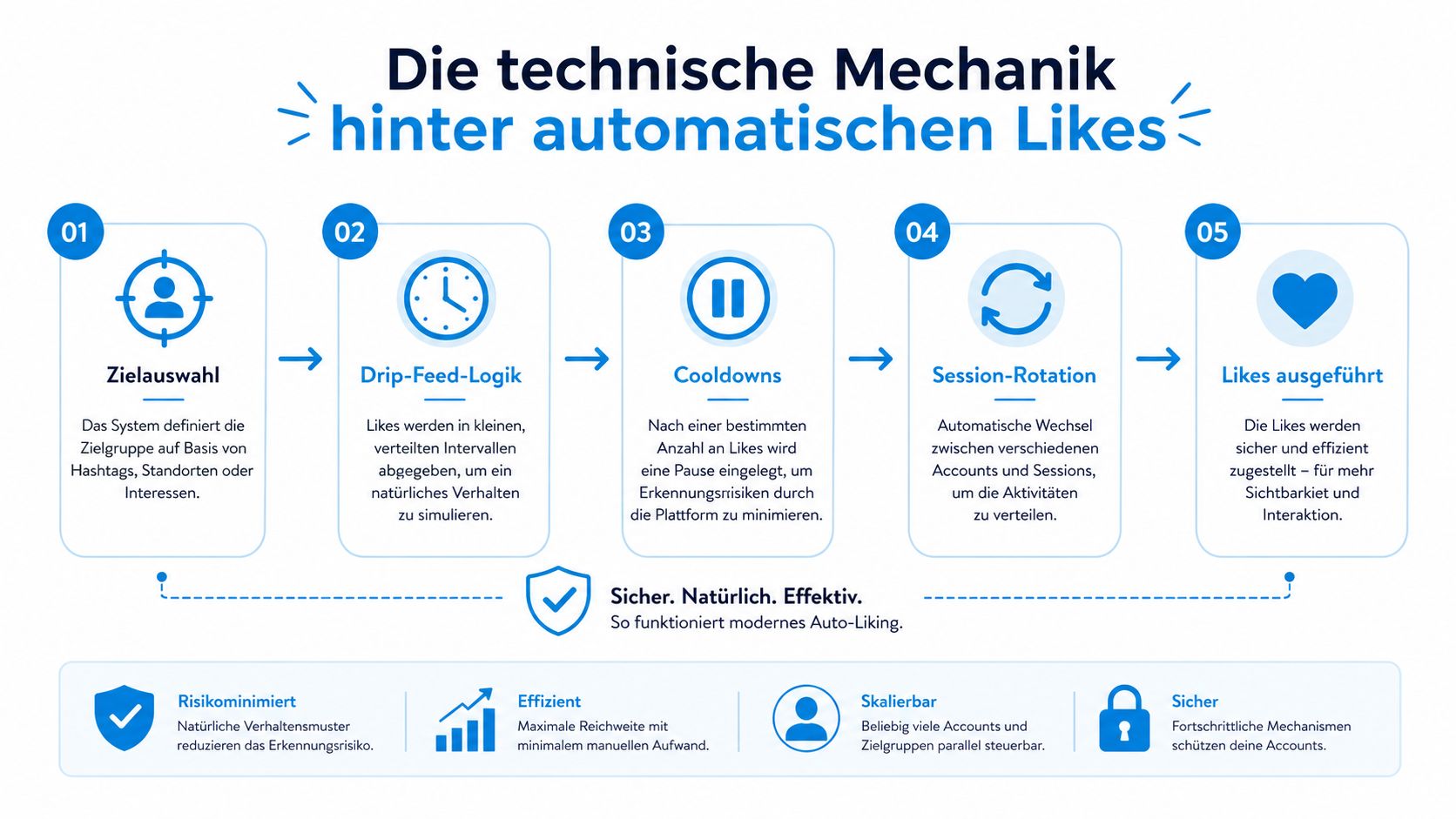 Eine Infografik erklärt die technische Funktionsweise von automatischen Likes auf Social-Media-Plattformen in fünf einfachen Schritten.