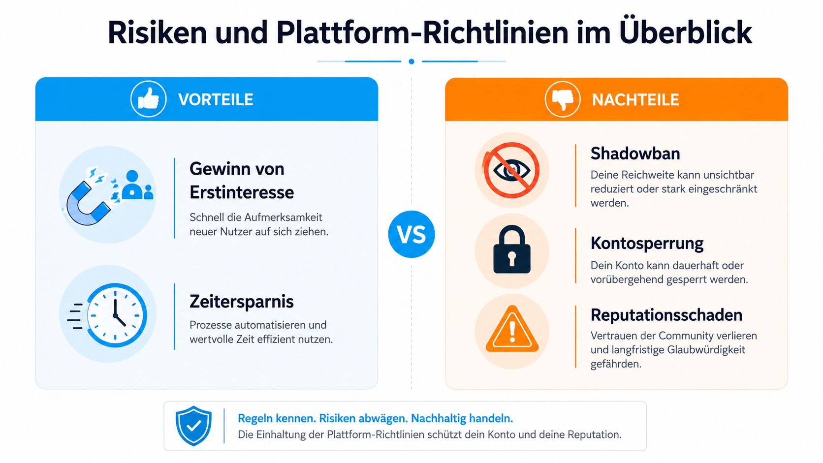 Eine Infografik stellt die Vor- und Nachteile von Automatisierungstools im Vergleich zu Plattform-Richtlinien in sozialen Netzwerken dar.