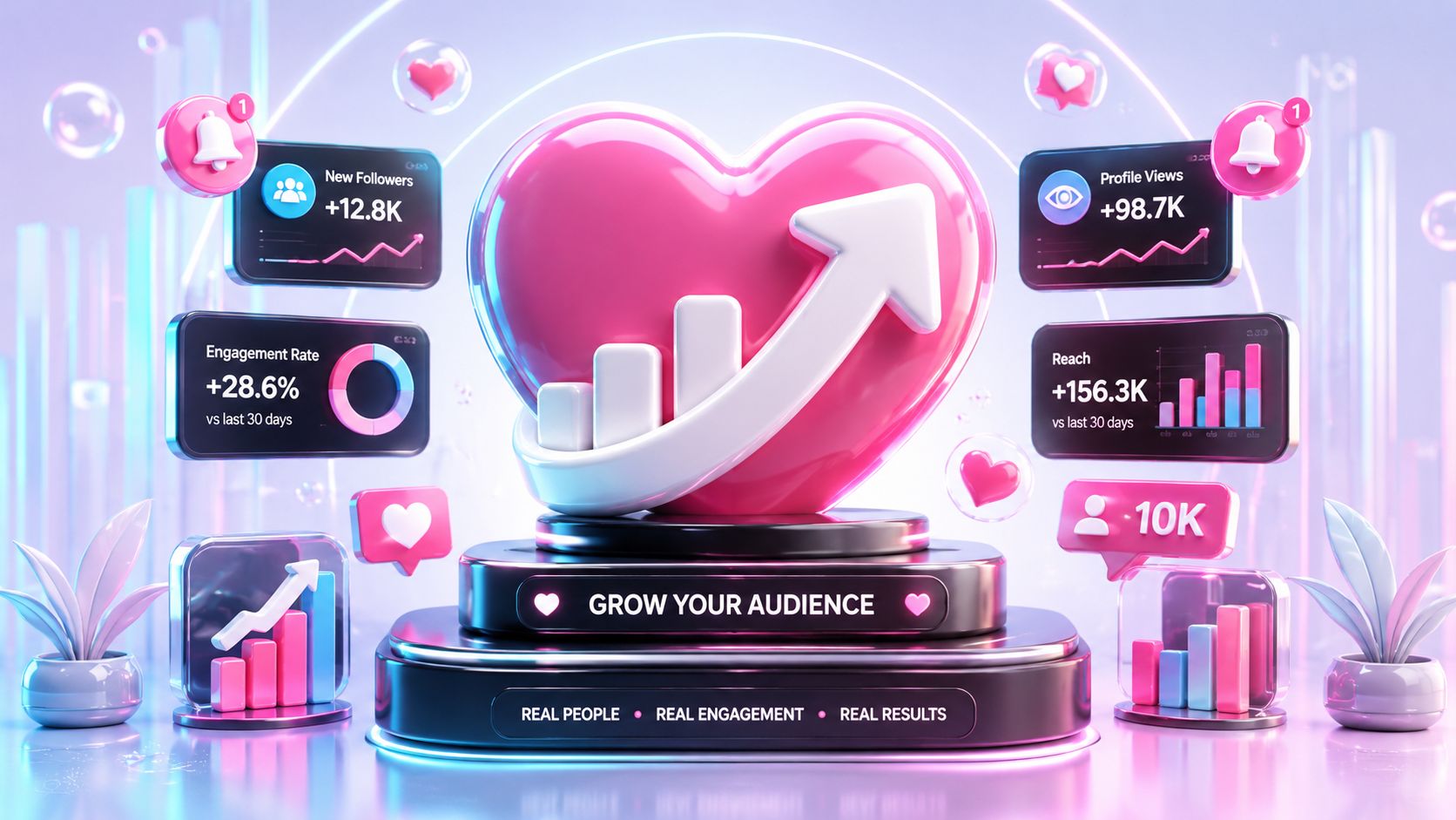 Eine 3D-Illustration mit einem Herz und Social-Media-Statistiken zur Darstellung von Wachstum und Reichweite bei Instagram.