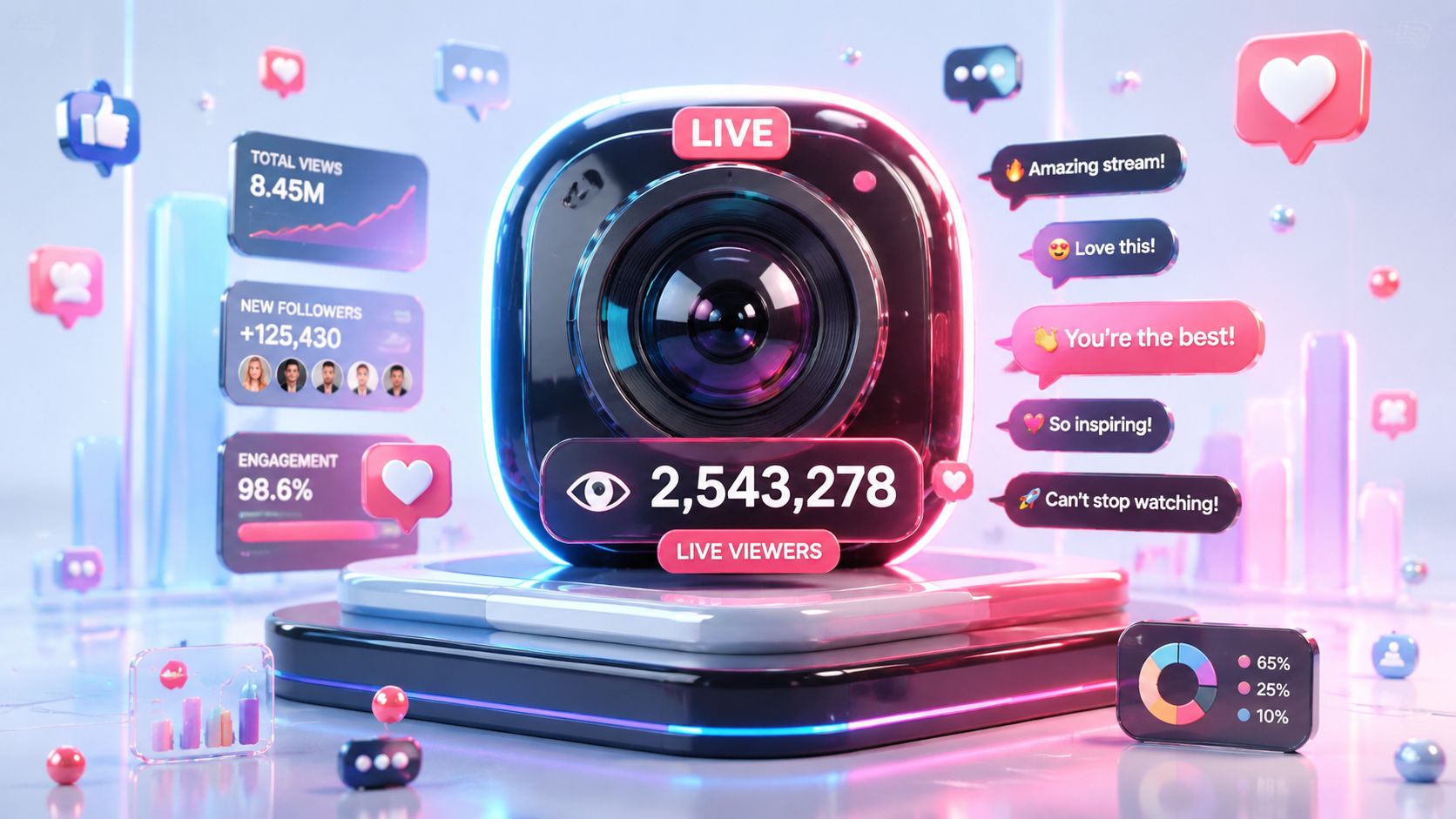 Ein moderner 3D-Livestream-Monitor zeigt Live-Zuschauerzahlen, Interaktionen und Statistiken in einer digitalen, futuristischen und farbenfrohen Umgebung.