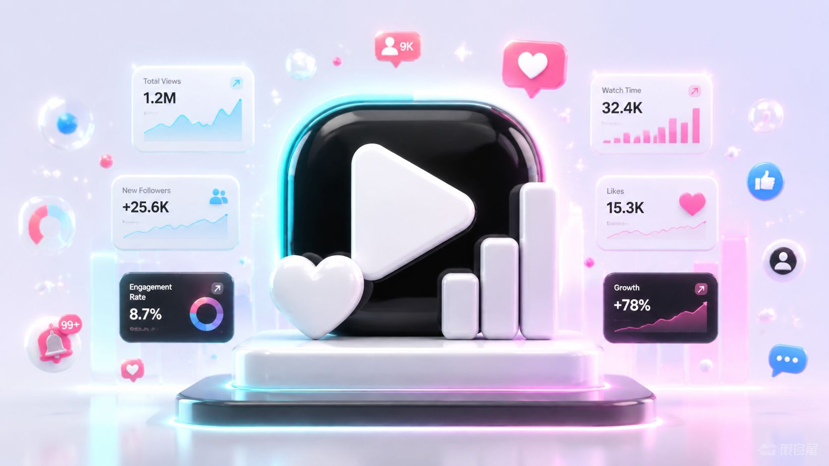 Eine 3D-Illustration von Social-Media-Analyse-Metriken mit einem Play-Button, Herz-Symbol und verschiedenen grafischen Leistungsdiagrammen vor einem hellen Hintergrund.