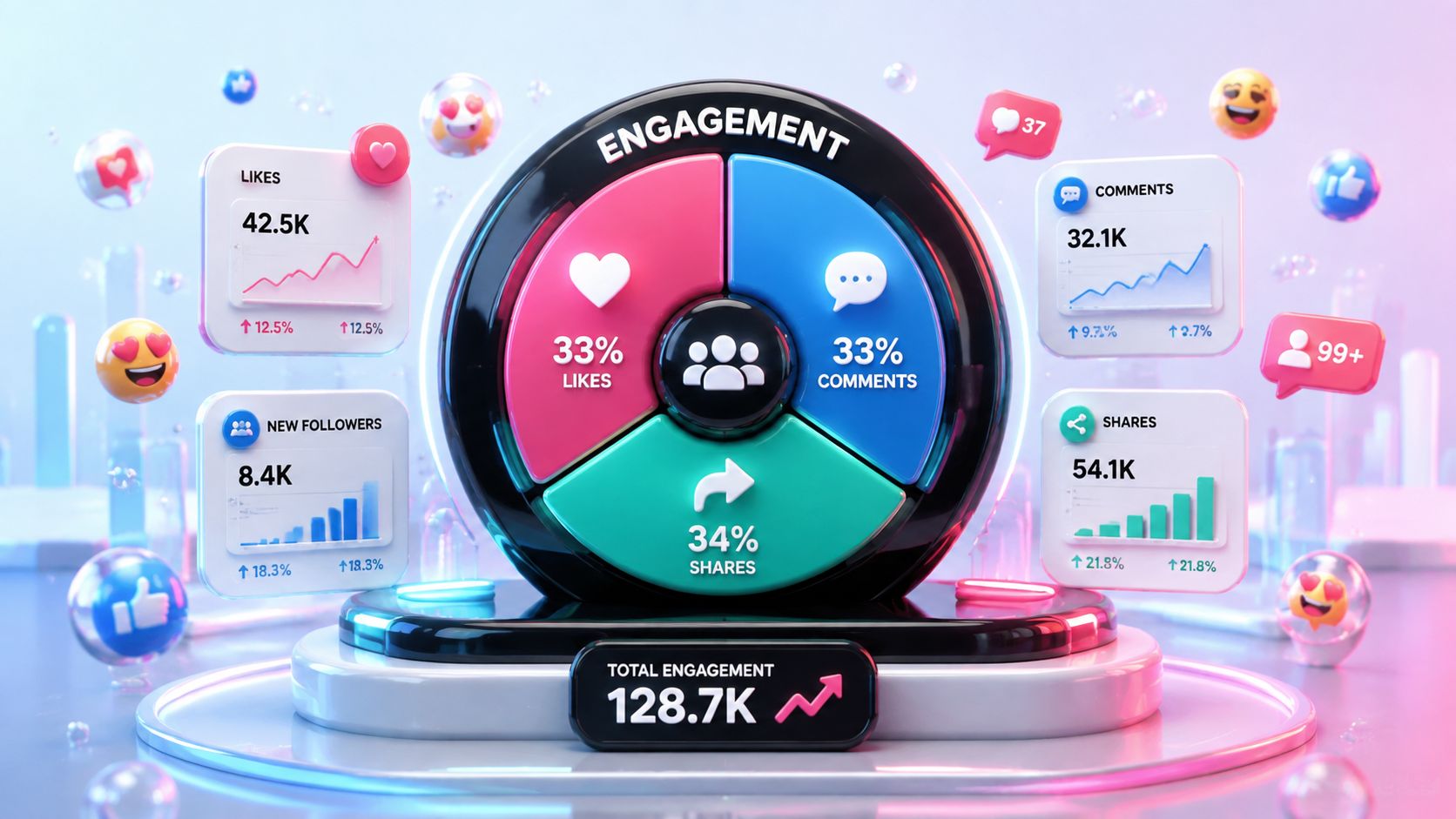 Ein 3D-Dashboard zeigt Social-Media-Engagement-Statistiken für Likes, Kommentare und Shares mit einer Gesamtzahl von 128,7 Tausend Interaktionen.