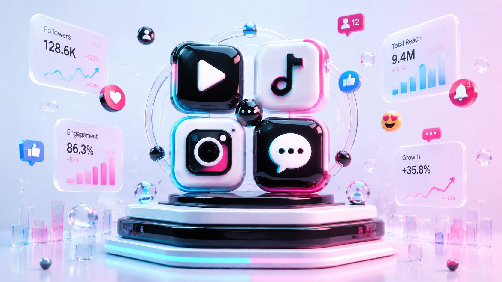 Eine 3D-Darstellung von Social-Media-App-Symbolen auf einem Podest umgeben von Analyse-Grafiken und Benachrichtigungssymbolen.