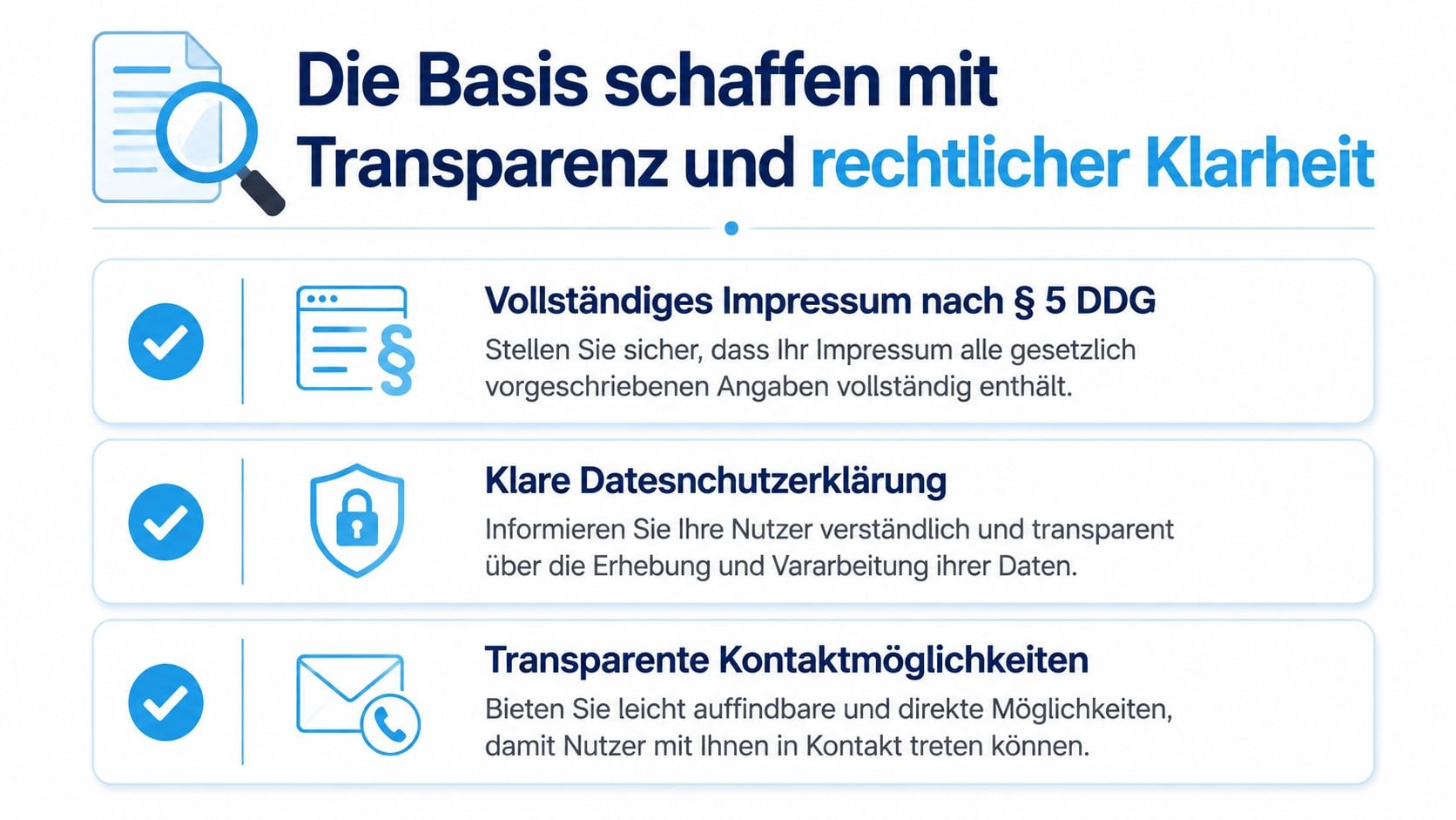 Grafik zur Schaffung von Vertrauen durch Transparenz, rechtliche Klarheit, vollständiges Impressum, Datenschutzerklärung und klare Kontaktmöglichkeiten für Webseiten.