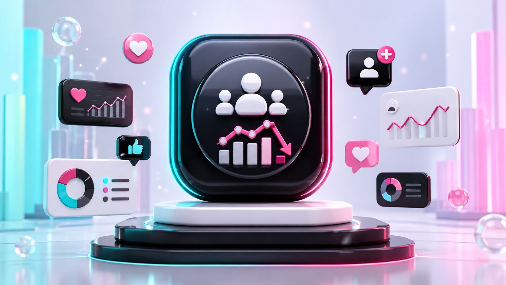 Ein 3D-Symbol mit Analysedaten und Nutzerstatistiken zur Veranschaulichung der Berechnung von Engagement-Raten im digitalen Marketing.