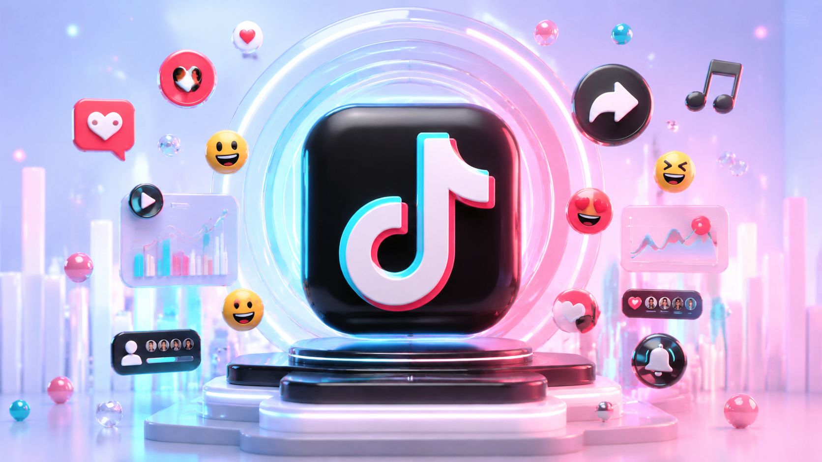 Ein 3D-gerendertes TikTok-Logo, umgeben von schwebenden sozialen Medien-Symbolen und Grafiken auf einer futuristischen Plattform.
