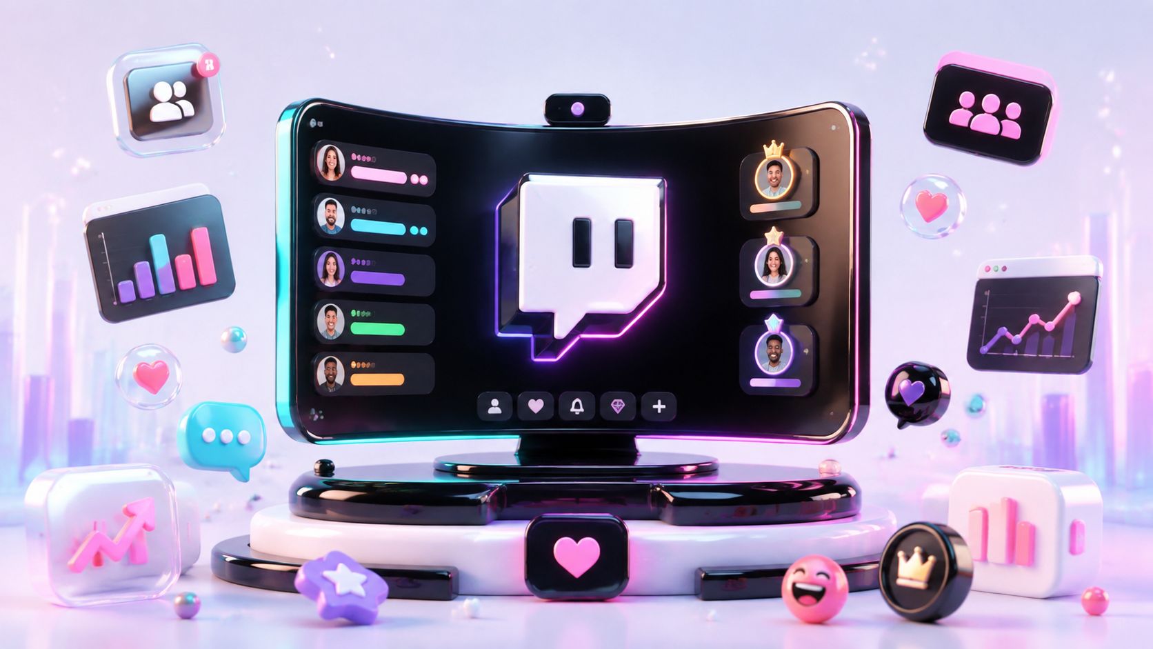 Ein stilisiertes 3D-Streaming-Interface mit Twitch-Logo, verschiedenen Benutzerprofilen und Analysedaten auf einem hellen, futuristischen Hintergrund.
