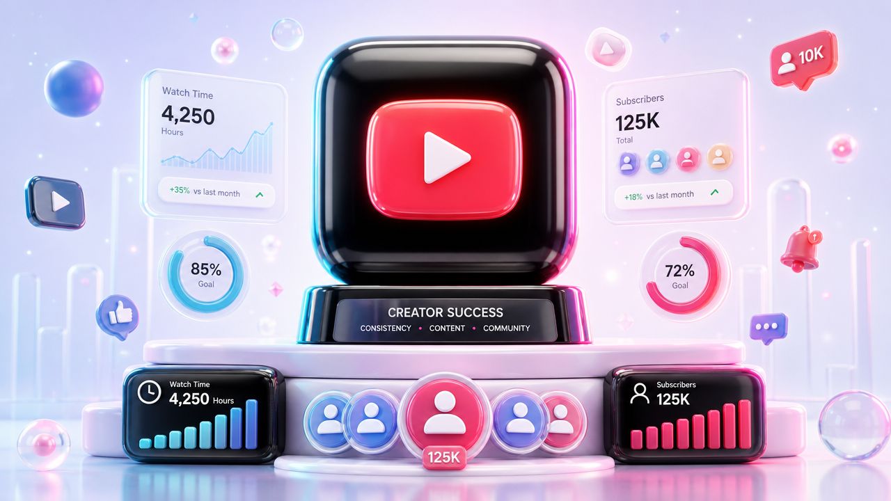 Ein 3D-YouTube-Award mit Statistiken für Watch Time und Abonnenten auf einer modernen, futuristischen Plattform.