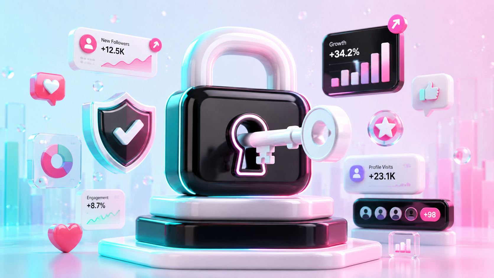 Ein 3D-Schloss mit Schlüssel symbolisiert Datensicherheit und wachsendes Engagement in digitalen sozialen Netzwerken für Unternehmen.
