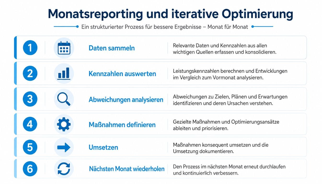 Ein sechsstufiger Prozess für strukturiertes Monatsreporting und kontinuierliche Optimierung von Unternehmensabläufen für bessere Ergebnisse.