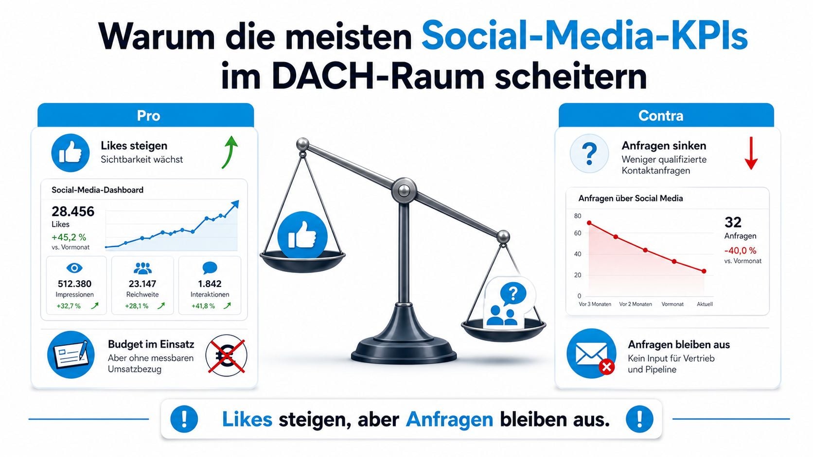 Eine Infografik zeigt den Widerspruch zwischen steigenden Social-Media-Kennzahlen wie Likes und sinkenden qualifizierten Kundenanfragen im Unternehmen.