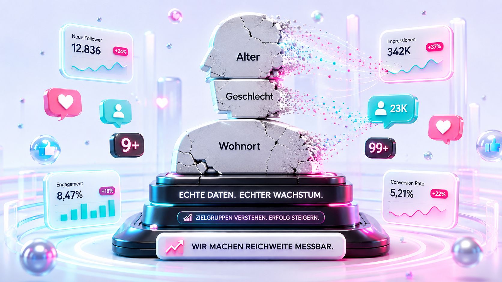 Eine grafische Darstellung einer zerfallenden menschlichen Büste mit Datenmetriken zu Zielgruppenanalysen, Wachstum und Social-Media-Kennzahlen.