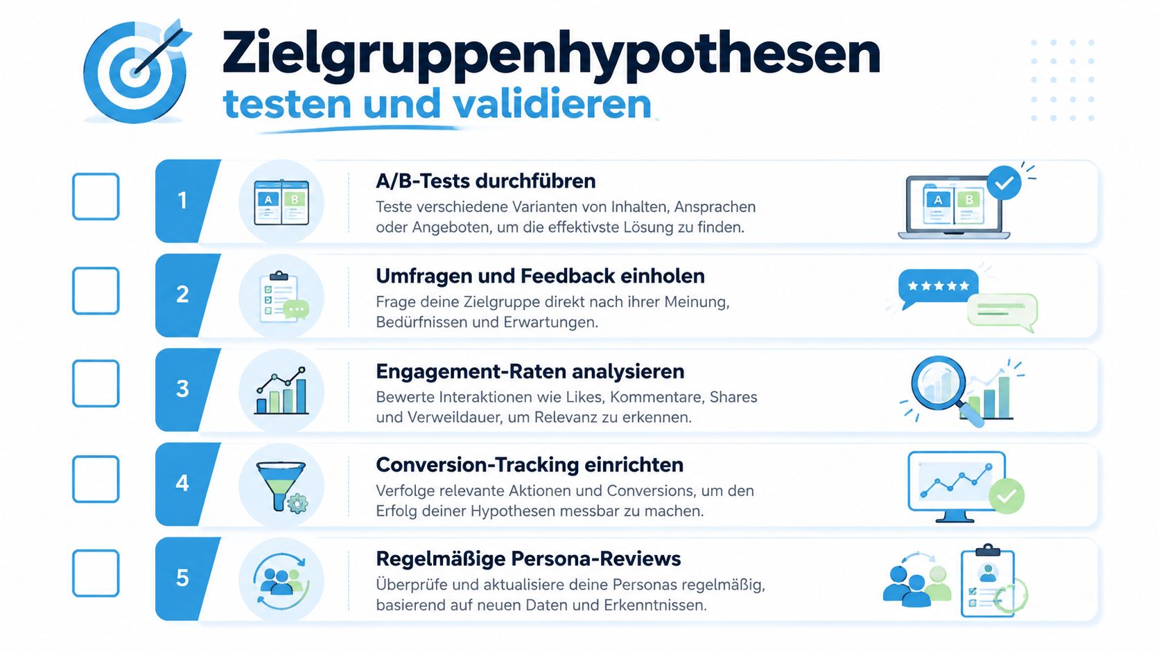Eine Infografik mit fünf Schritten zum Testen und Validieren von Zielgruppenhypothesen im Marketing.