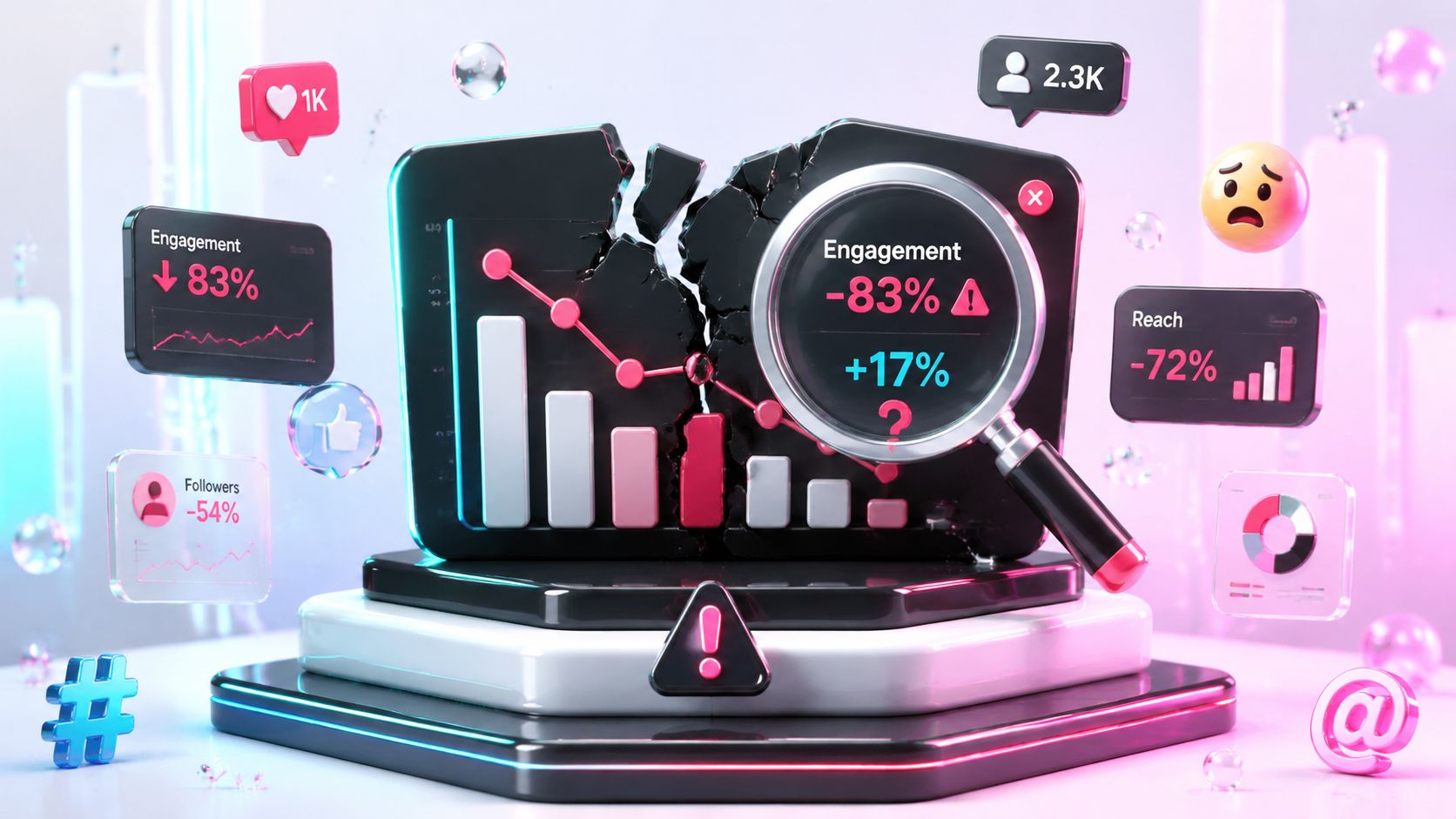 Eine 3D-Illustration eines zerbrochenen Diagramms, das einen starken Rückgang der Social-Media-Engagement-Rate darstellt.