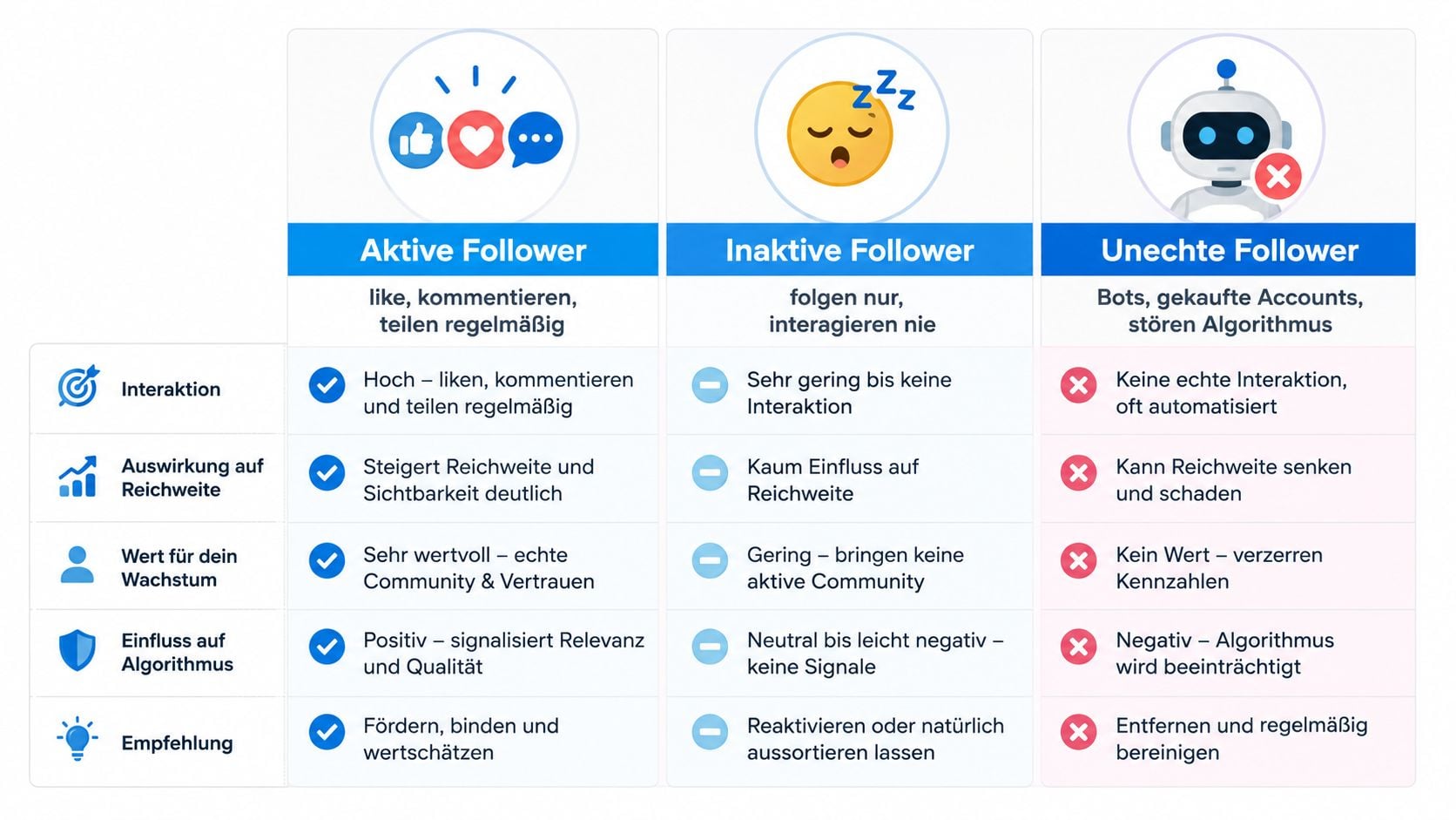 Vergleichstabelle für Social Media Follower: Unterteilung in aktive, inaktive und unechte Nutzer sowie deren Auswirkungen.