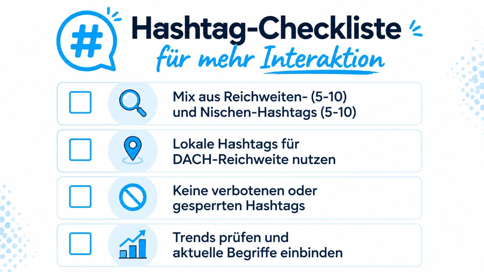 Eine Checkliste für Instagram-Hashtags mit Tipps für mehr Interaktion und Reichweite in grafischer Darstellung.