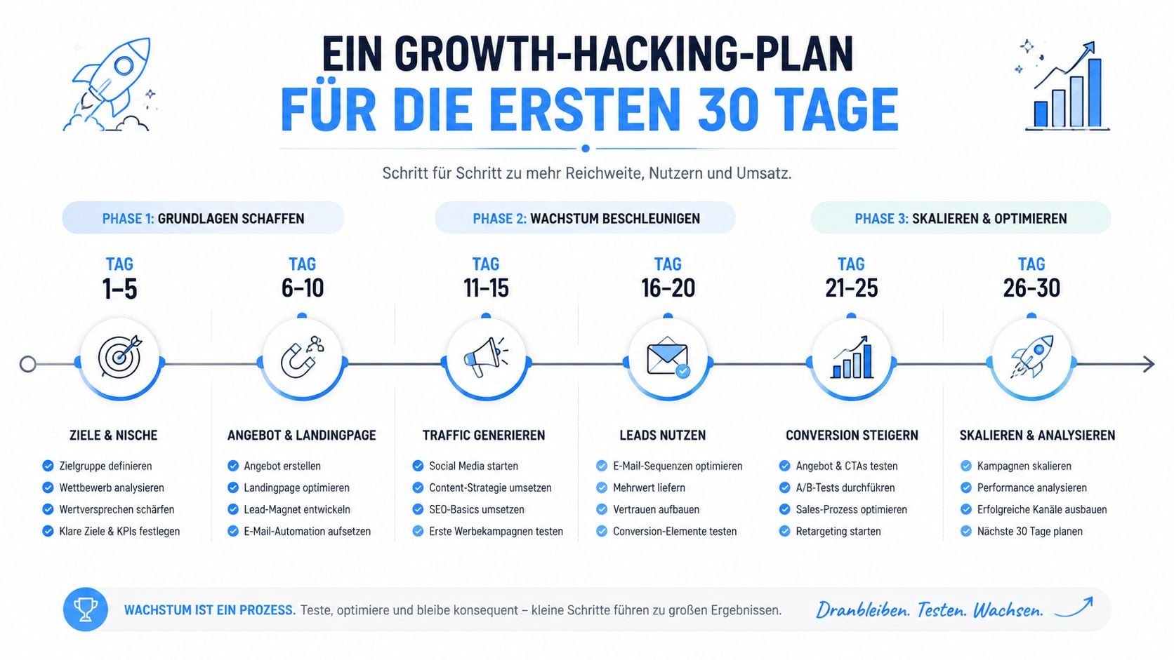Eine Infografik, die einen 30-Tage-Plan für Growth-Hacking in drei Phasen mit konkreten Schritten zur Unternehmensentwicklung darstellt.