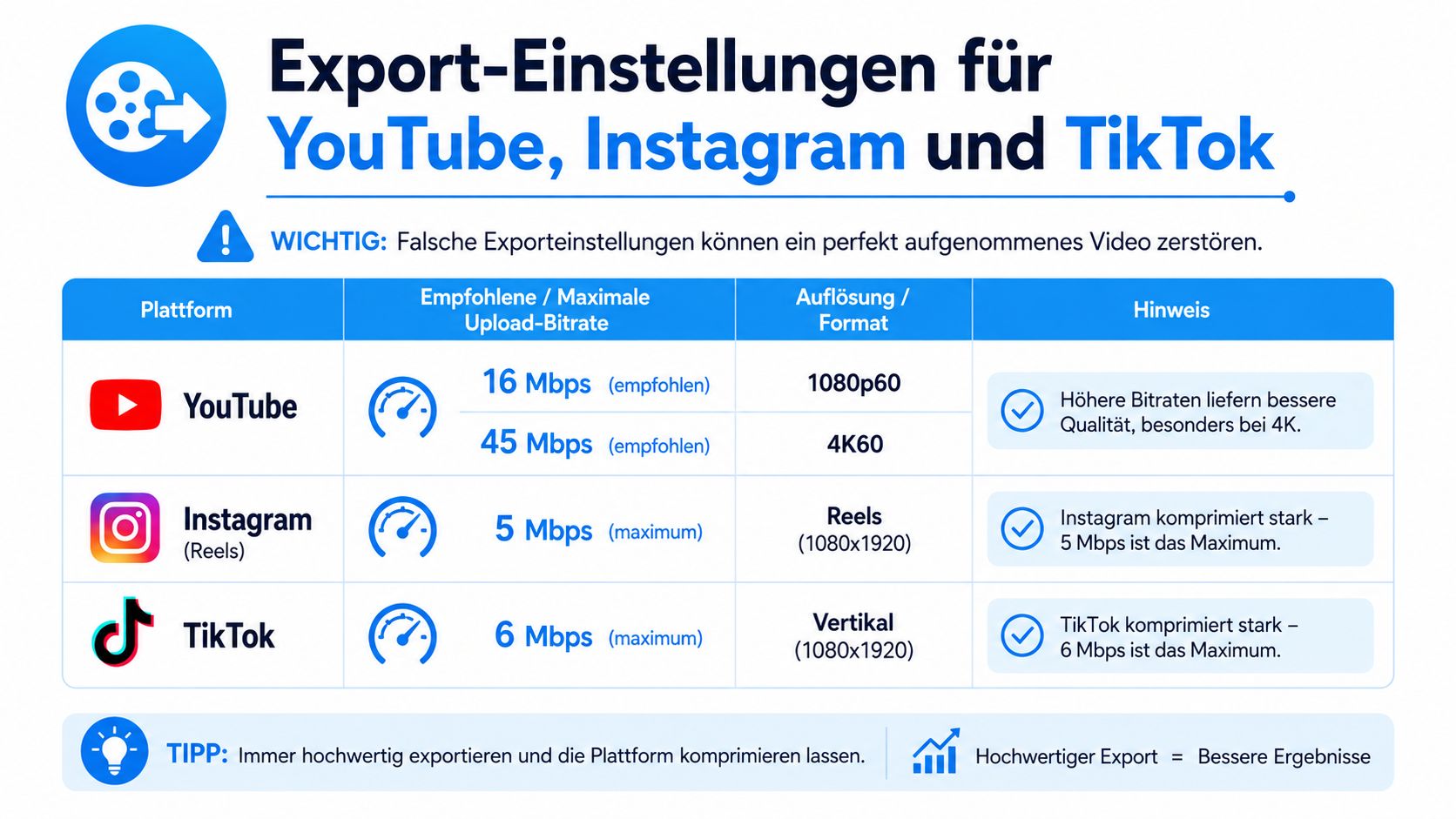 Eine Infografik zeigt die empfohlenen Export-Einstellungen für Video-Bitraten und Auflösungen auf YouTube, Instagram und TikTok.